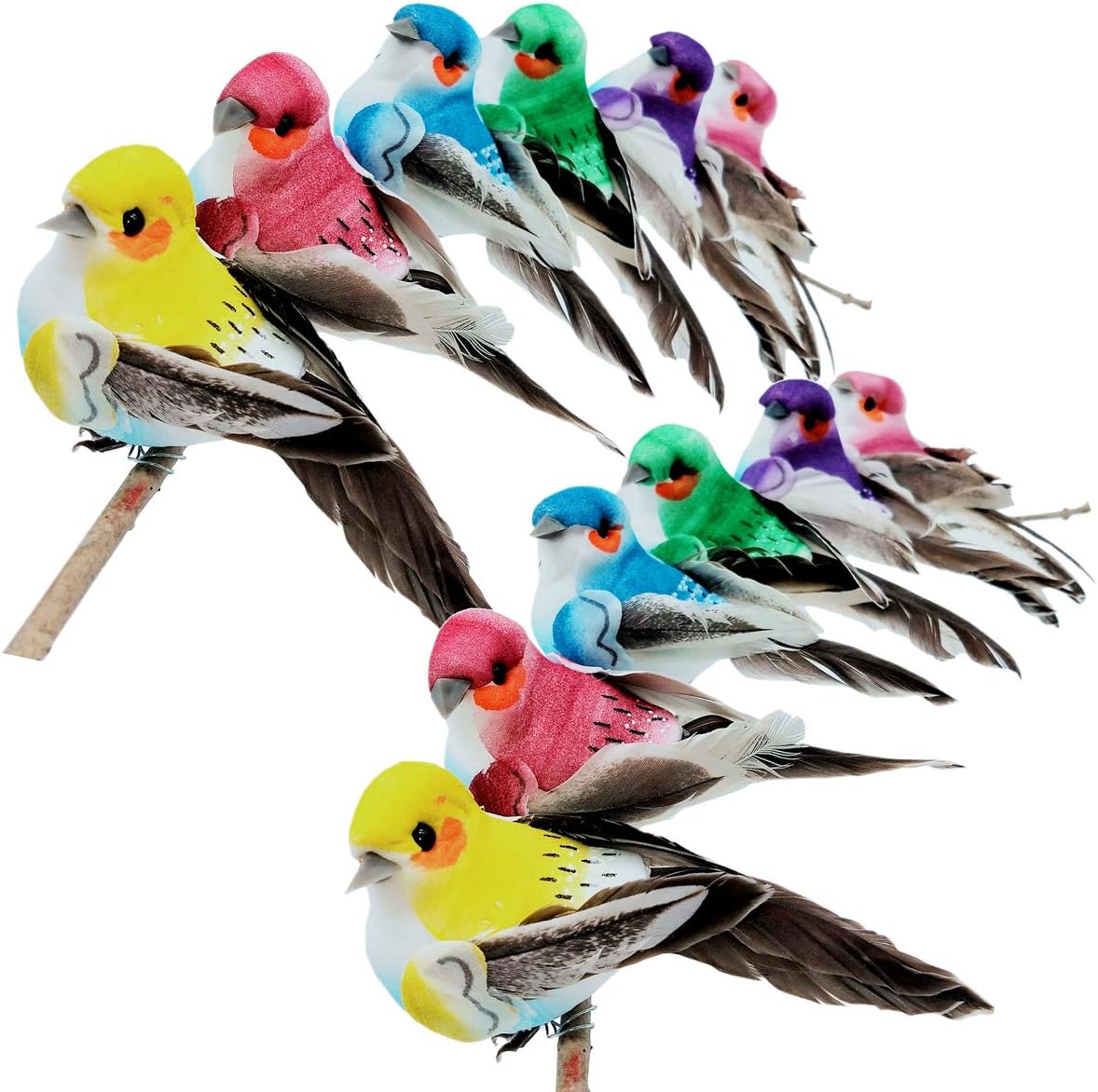 12pcs Artificial Simulation Foam Feather Birds with Wire Feet 3.9inch Colorful Decorative Sparrow Bird for Crafts Tree Decorations Christmas Ornaments Party Decor Seasonal Display