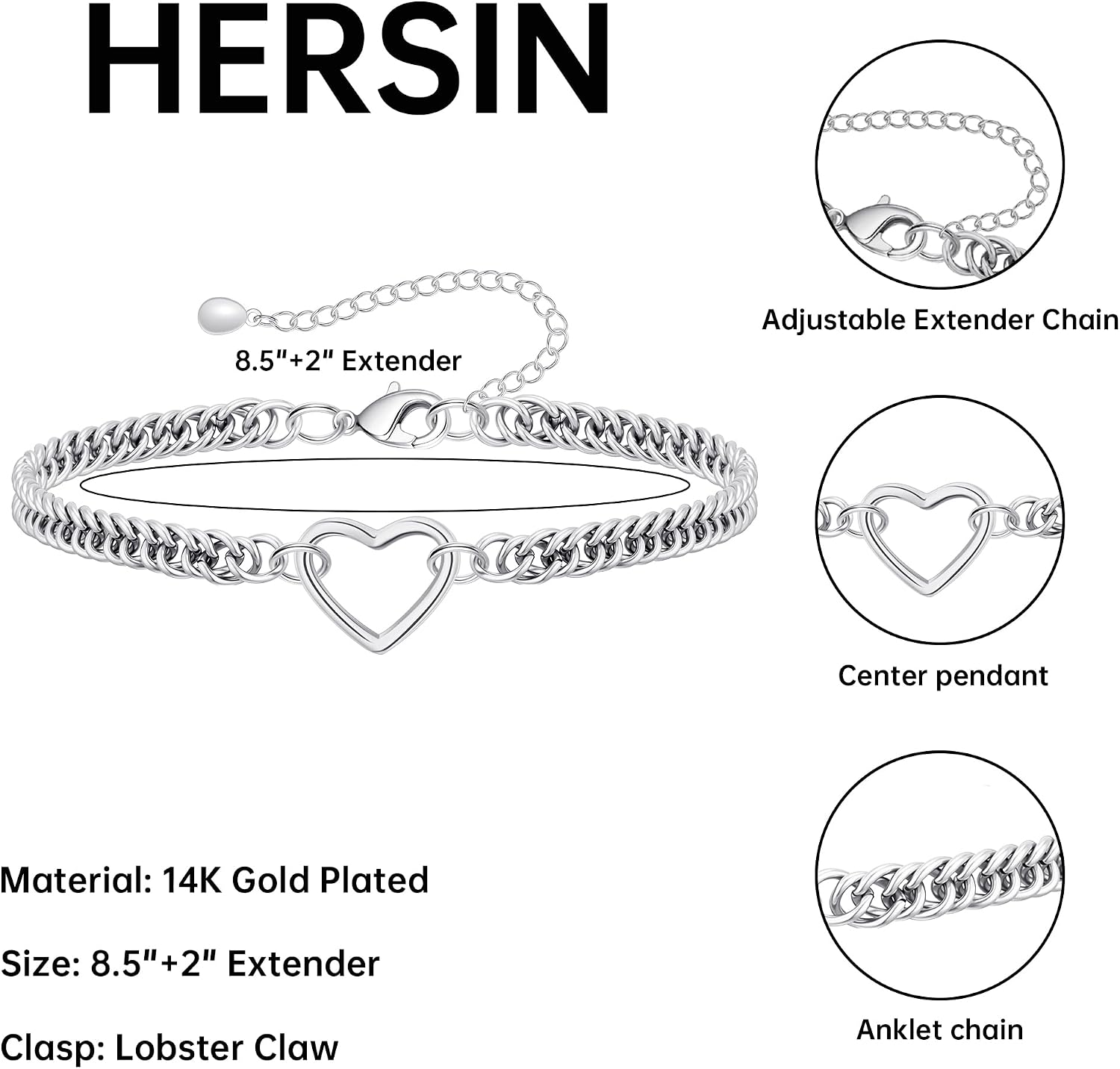 HERSIN Gold Anklets for Women Waterproof Cuban Link Anklet Bracelets Stackable Cubic Zircon Bracelets 14K Gold Plated Custom Jewelry Gifts Non Tarnish Lightweight