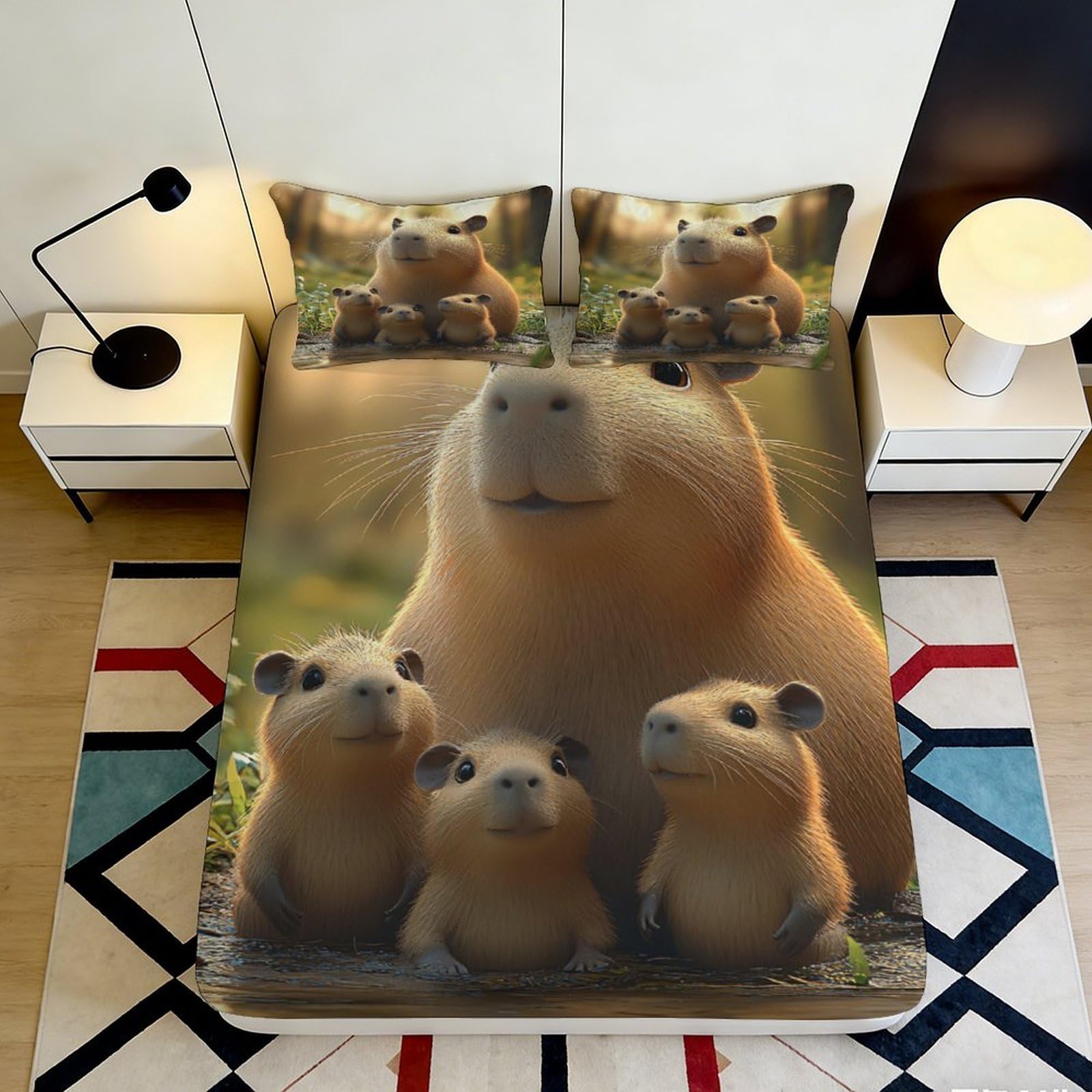 3D Printed Cute Capybara Fitted Sheet Microfiber Soft Breathable Cartoon Animal Mattress Cover for Bedroom Dormitory Guest Room Mattress Protection 180x200x25cm