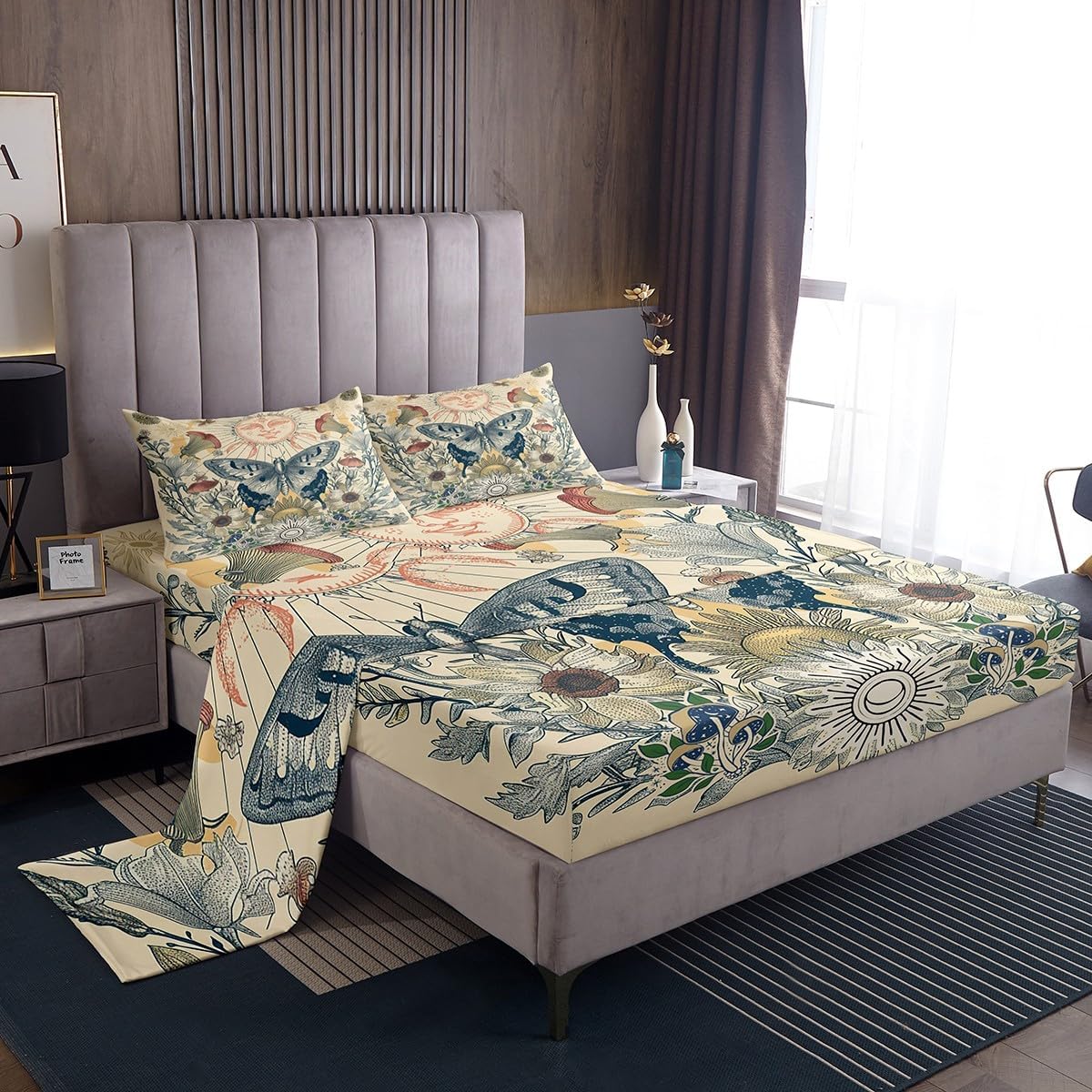 Erosebridal Hippie Butterfly Twin Sheets Sun and Moon Bed Set, Groovy Floral Bed Sheets Set Sunflower Mushroom Sheet Set, 60s 70s Vintage Flower Bedding Set, All Seeing Eyes Decor