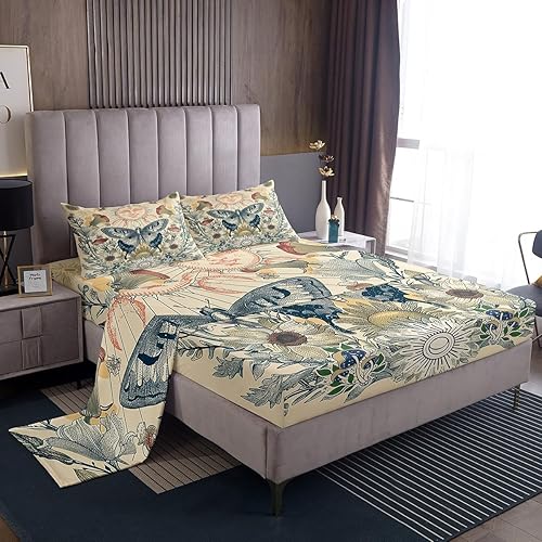 Erosebridal Juego de sábanas de mariposa hippie con sol y luna, juego de sábanas tamaño Queen, juego de sábanas florales groovy con hongos y disponible en Yaxa Guatemala