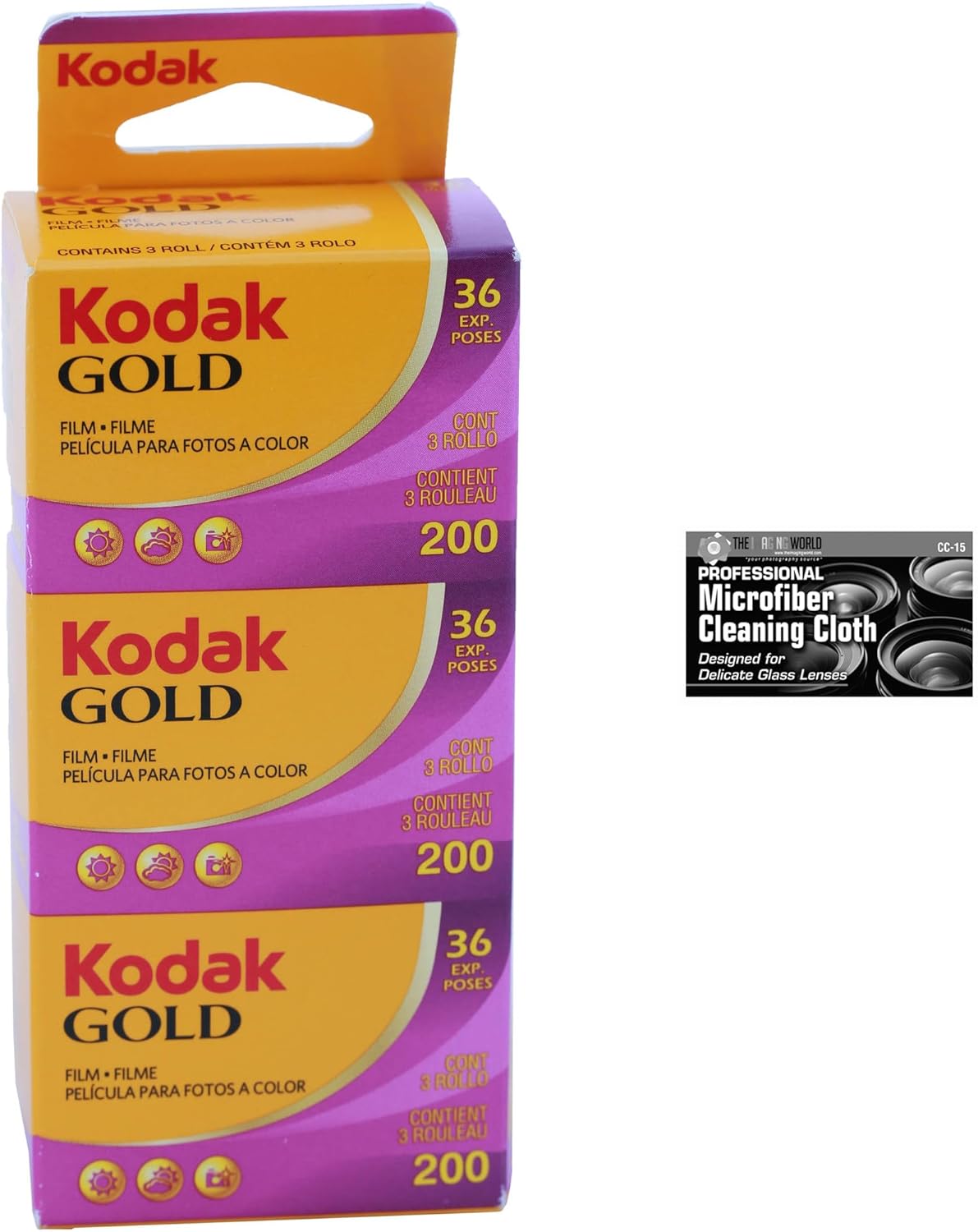 Kodak Gold 200 35mm Film Bundle, 3 Rolls, 36 Exposures Each, for 35mm Film Camera Includes Premium Microfiber Cloth-Kodak 3 Roll Pack