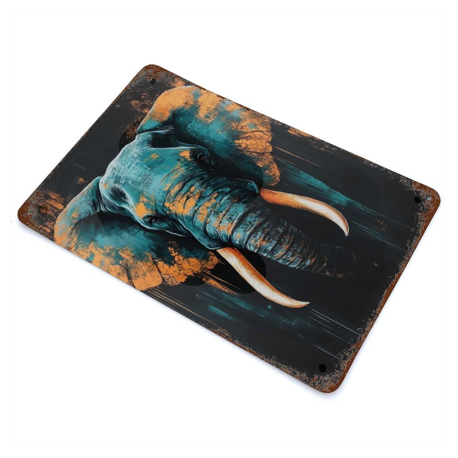 Elephant Painting Aged Metal Wall Plaque 11.8"x7.9", Old School Wall Decor for Garage, Pub Or Kitchen