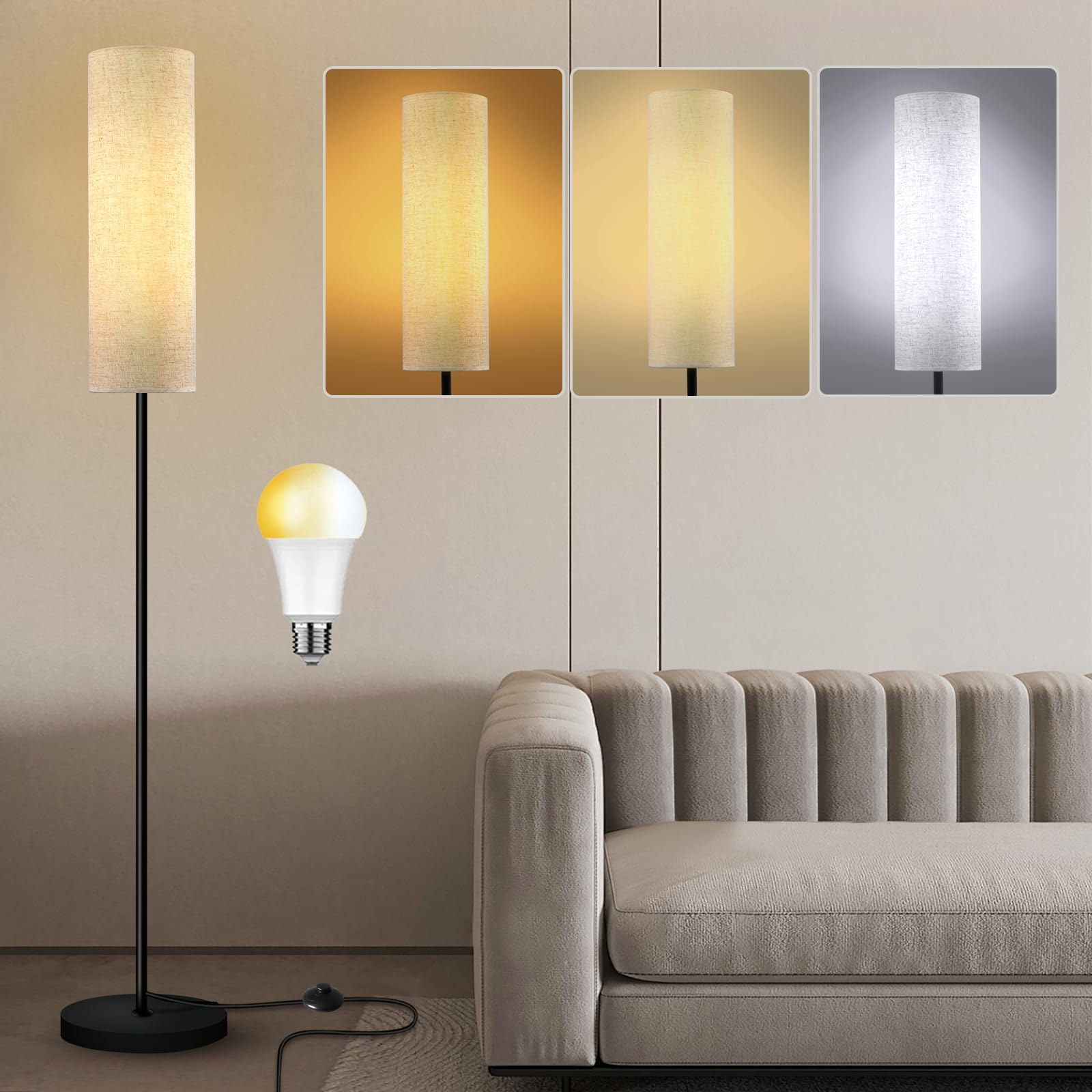 Lampada Da Terra EDISHINE Con Telecomando - Regolazione Luminosità E Colore, Paralume Lino, 165cm - Foto 11