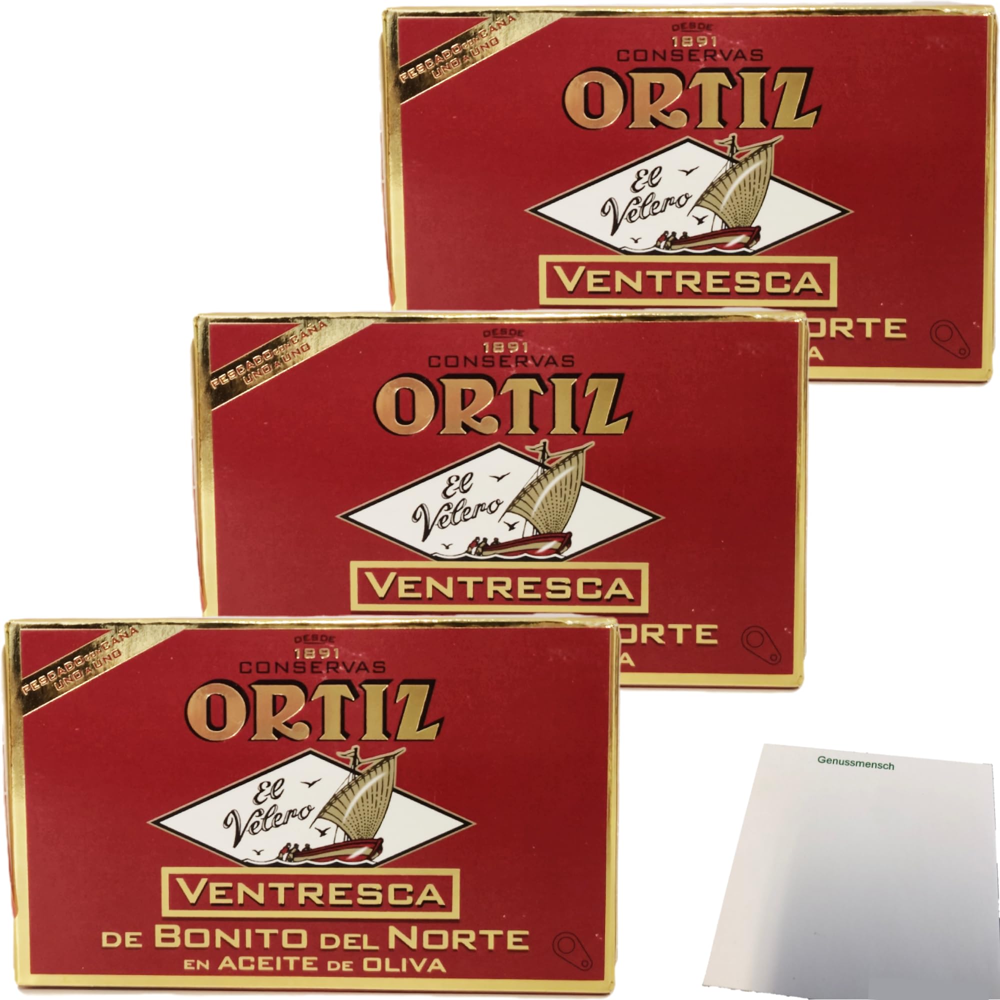 usy Bundle für Conservas Ortiz Ventresca de Bonito del Norte, weißer Thunfischbauch in Olivenöl 3er Pack (3x110g Dose) + usy Block