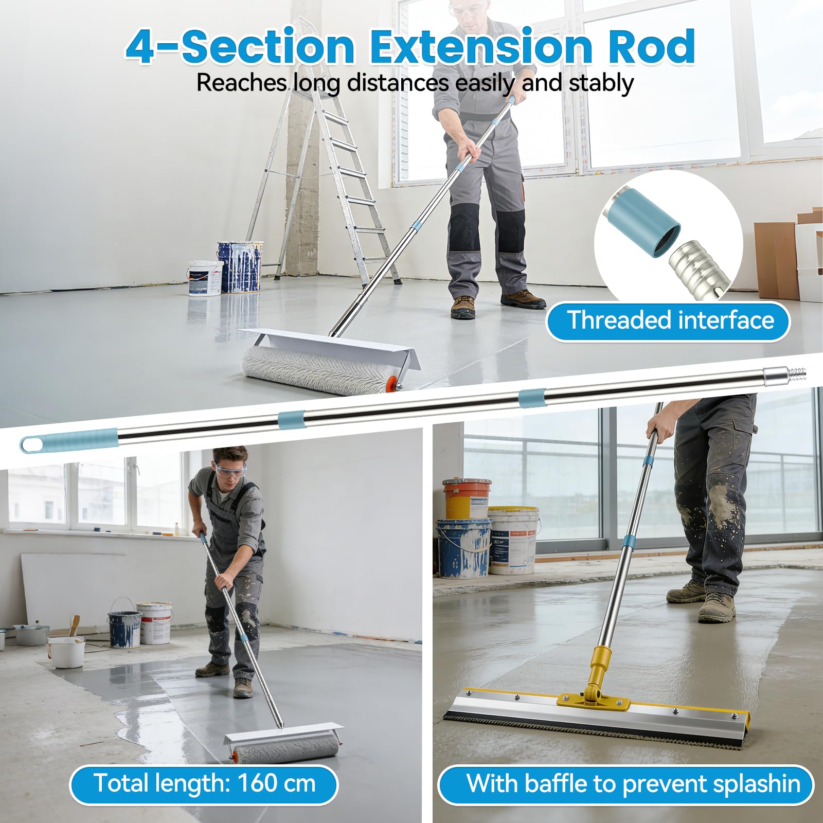 Kit di Strumenti Autolivellante per Pavimenti, Spatola Autolivellantein con Rullo Chiodato da 46 cm, Tergivetro in Acciaio inox da 56 cm, Scarpe Chiodate, Guanti, Asta Telescopica