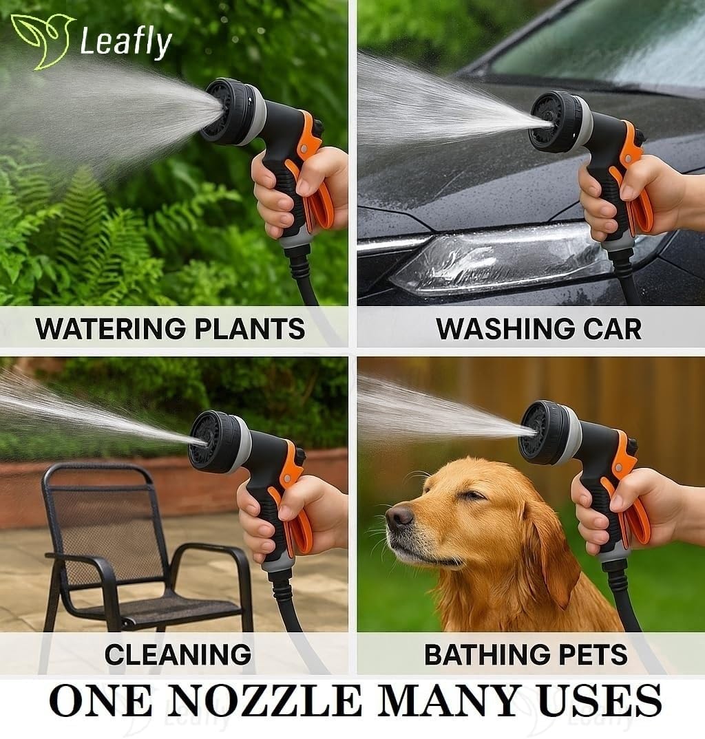 Leafly Garden Hose Nozzle Heavy Duty Hose Spray Gun 8 Way High Pressure Hand Sprayer Spray Nozzle for Watering Lawn Car Washing Pet Bathing Sidewalk Cleaning (8STAR)