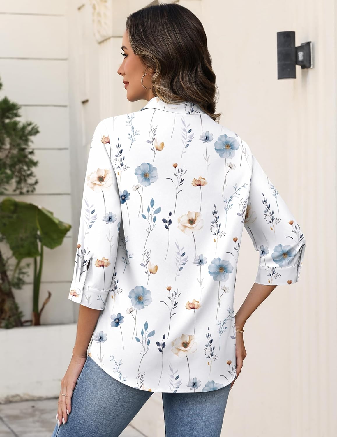 Zeagoo Button Down Shirts for Women 3/4 Sleeve Tops V Neck Collared Blouses Business Casual Outfits S-2XL - Image 5