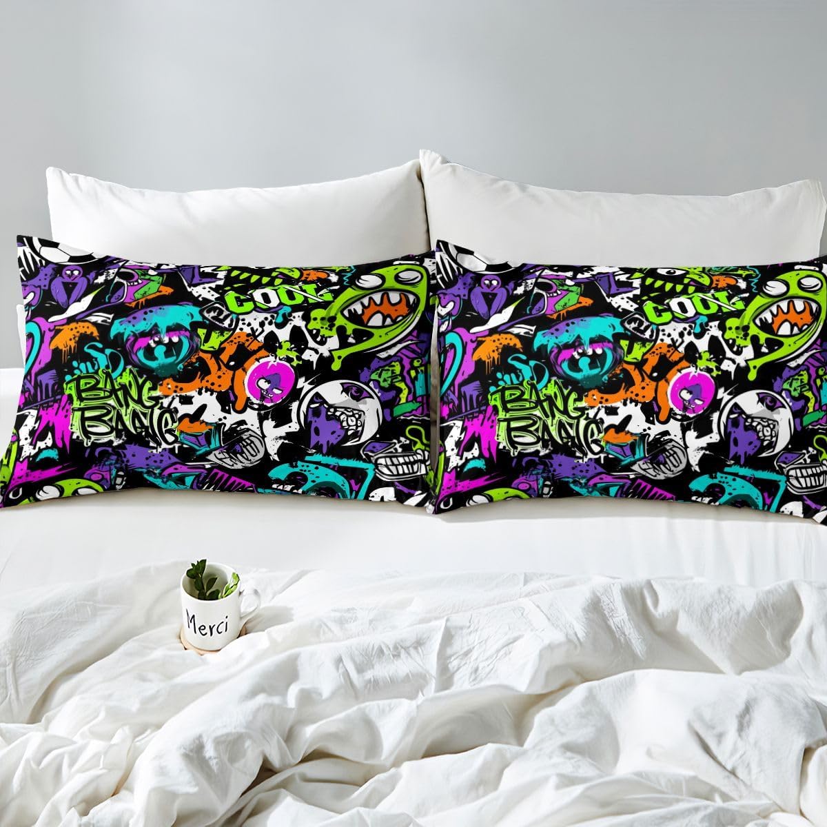 Feelyou Hip Hop Hipster Comforter Cover Set Kids Boys Hippie Graffiti Pattern Duvet Cover Street Culture Bedding Set Watercolor Art Bedspread Cover with 1 Pillowcase 2Pcs Twin Size…
