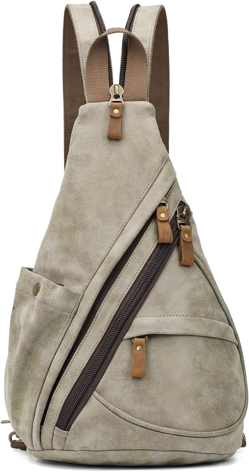 PU Leather Sling Bag - Small Crossbody Backpack Shoulder Casual Daypack Rucksack for Men Women(Olive Green)