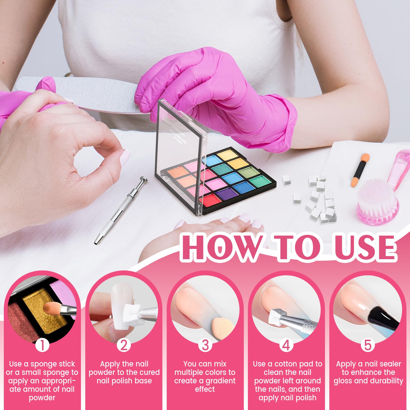 Poudre Chrome Ongle 16 Couleurs, Poudre Ongles Nail Art, Poudreongle Kit Inclus Pigment poudre, 50 Eponge ongles, 10 Bâton éponge, 1 Pince à épiler, Manucure Facile à créer