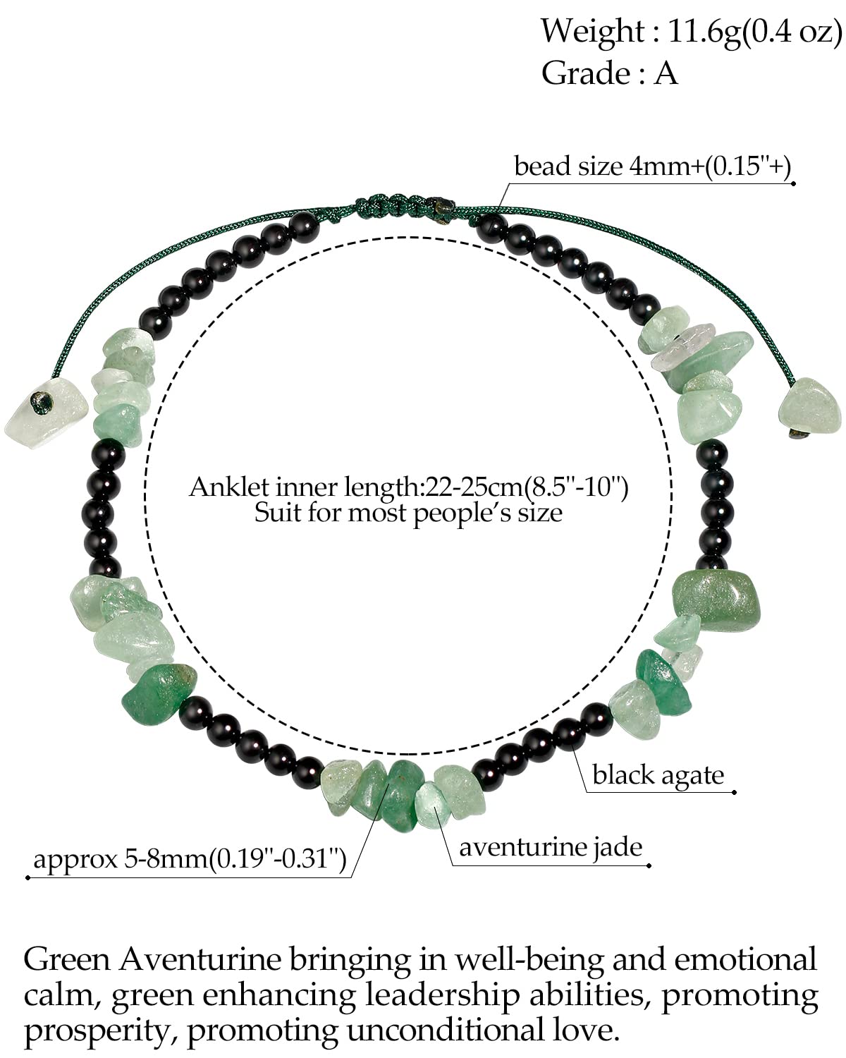 Jewboo Quartz Crystal Tumbled Chip Beads with Agate Beach Anklet Bracelet for Women Essential Oil Diffusers Gemstones and Crystals Foot Jewelry Spiritual Gifts (Aventurine Jade) - Image 2