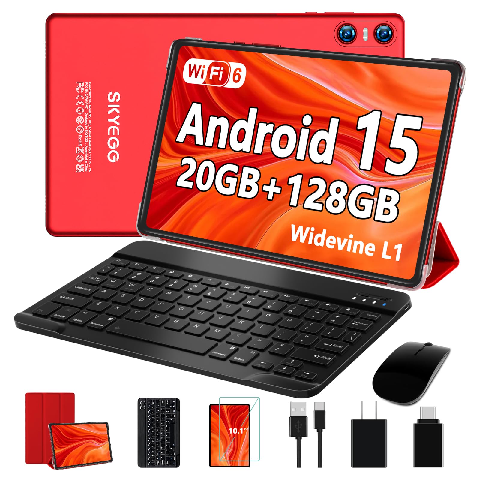 SKYEGG Newest Android 15 Tablet with Keyboard Mouse, 20GB RAM+128GB ROM(Expand to 1TB), 10.1 Inch Octa-Core Tablets with WiFi 6, Dual Camera, 1280x800 Display, 6000mAh, Widevine L1, Split Screen - Red