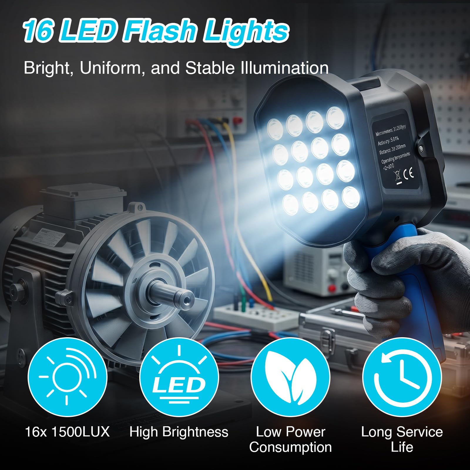 60-100000 U/min Digital Strobe Tachometer, berührungsloser Handheld LED Stroboskop mit 0.001% Genauigkeit der Geschwindigkeitsmessung, 1500LUX, 16 LEDs, USB-aufladbar, LCD-Display für Motoren, Lüfter