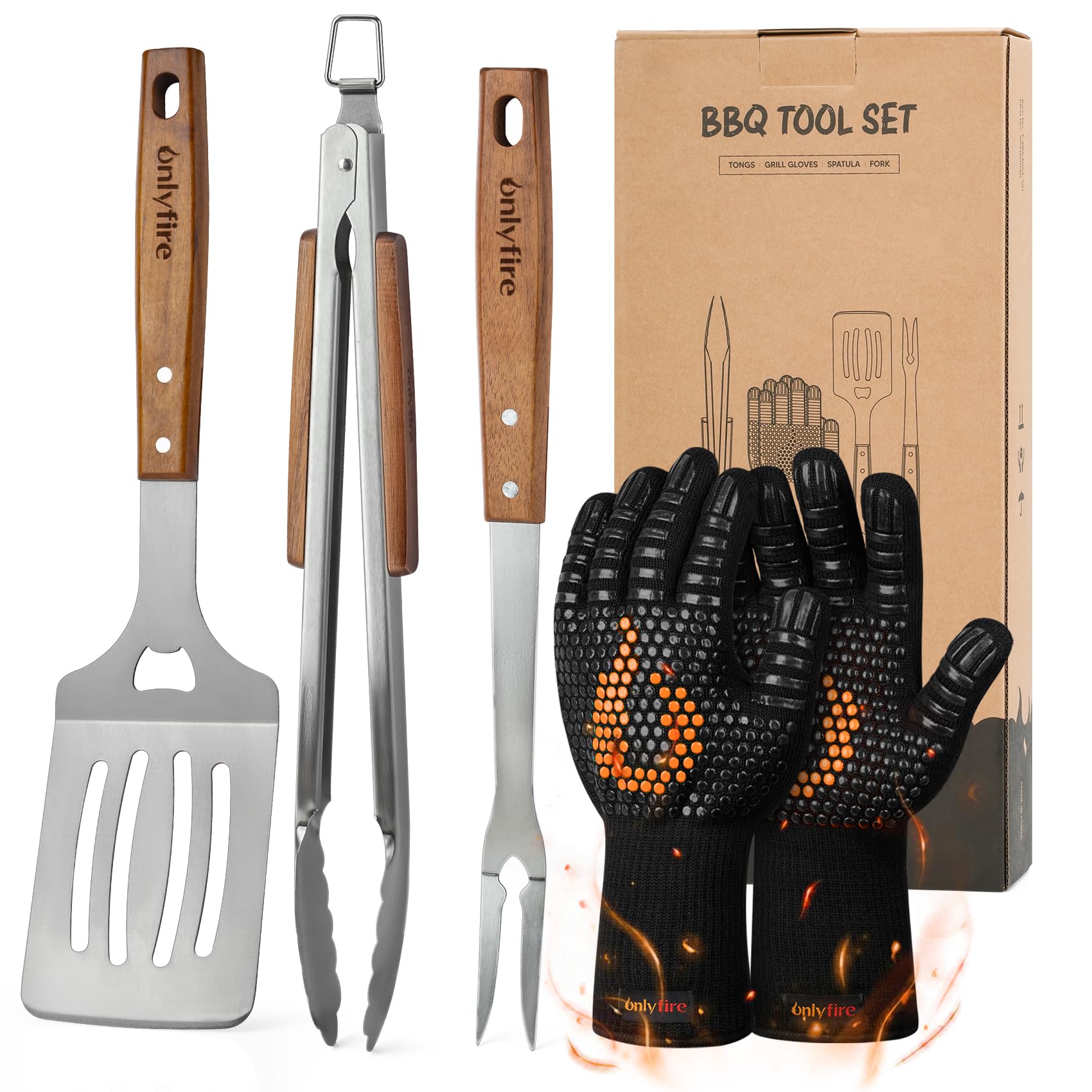 Onlyfire Set d'ustensiles de Barbecue 5 Pièces Acier Inoxydable Pince Spatule Fourchette Gants