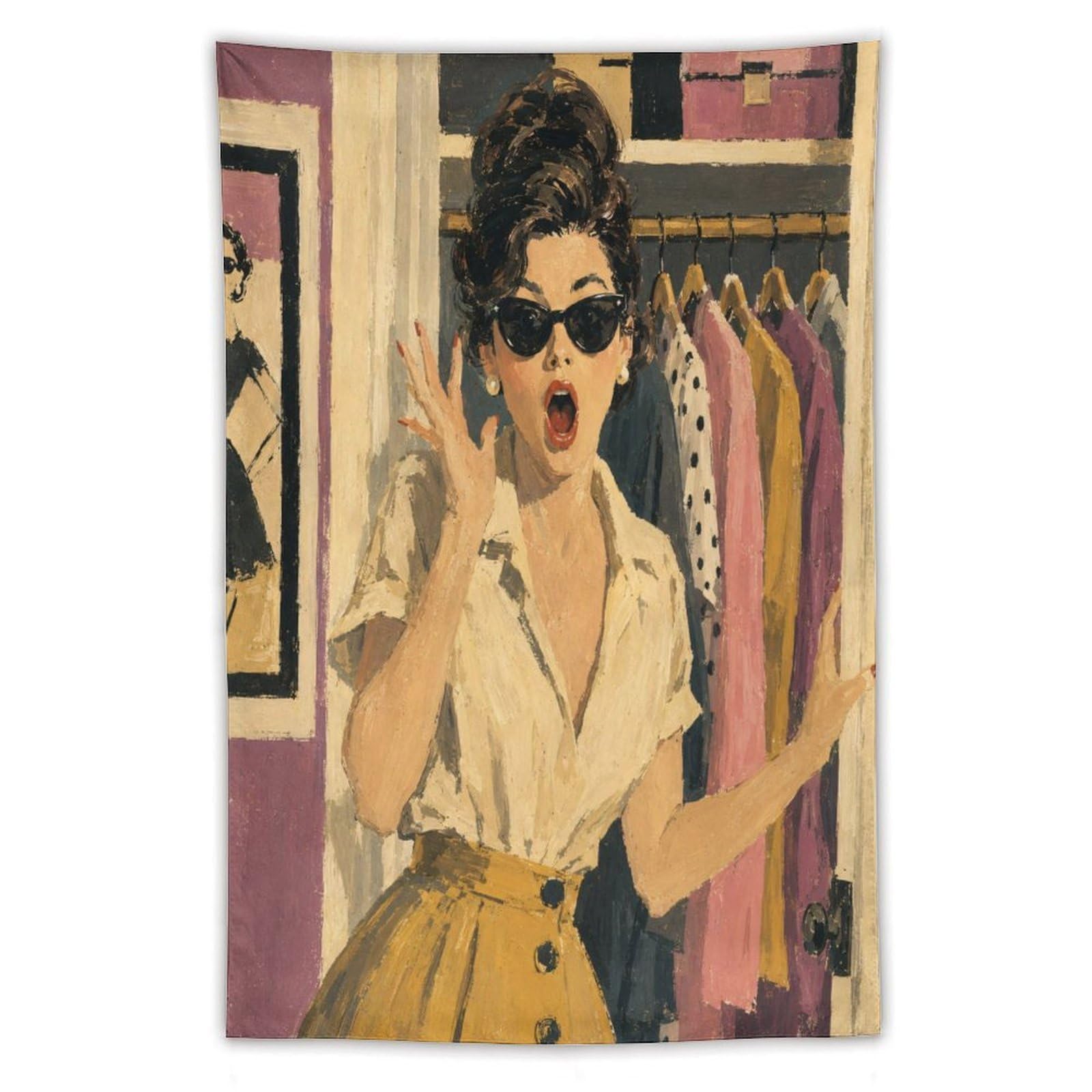 W7C8U2X3 Woman with Sunglasses Wall Tapestry, Oil Painting Style, Entryway