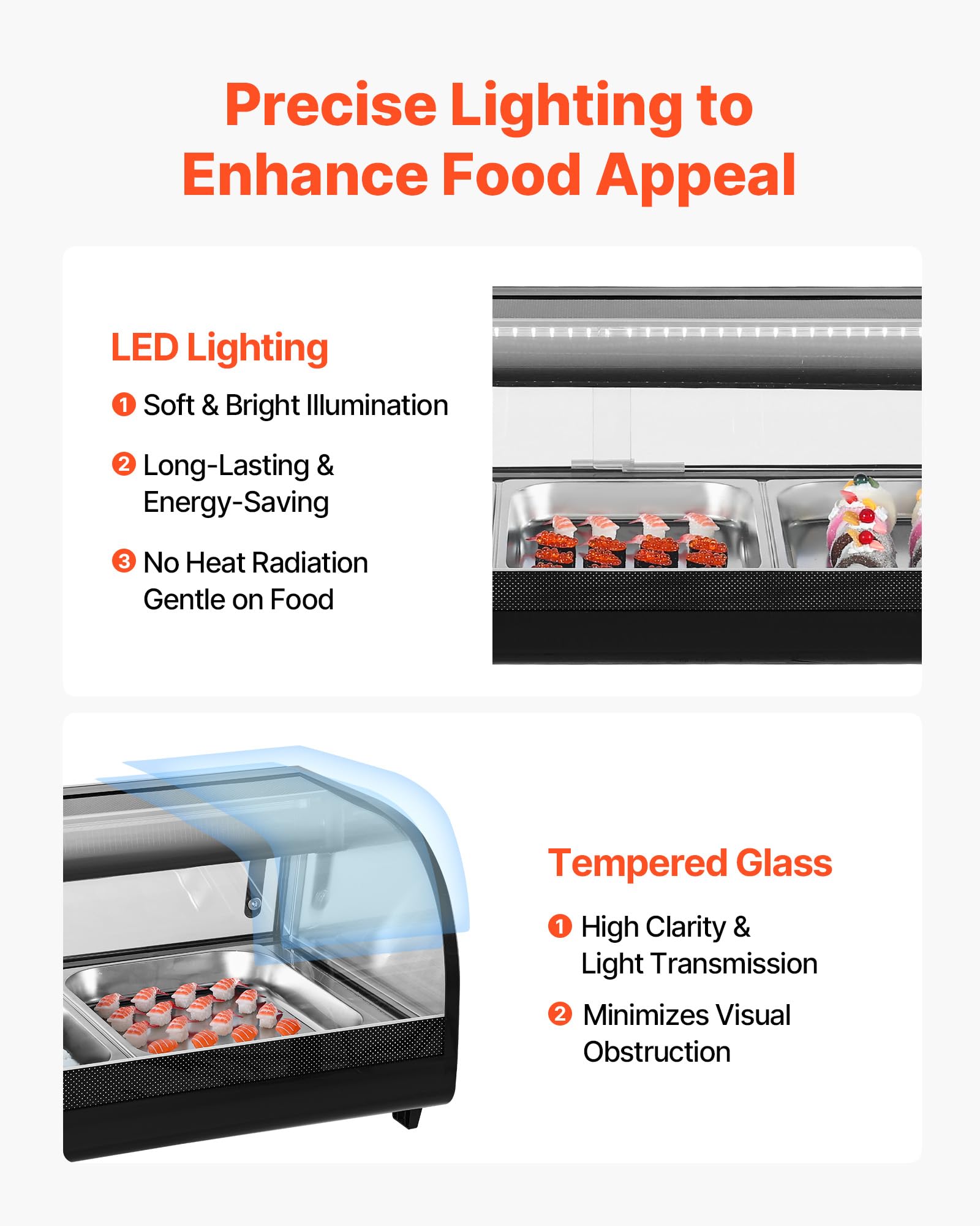 VEVOR Vetrina Refrigerata per Sushi Commerciale da 82 L, 5 Teglie con Vetro Curvo, Illuminazione a LED e Controllo Digitale della Temperatura, Frigorifero per Bancone Ristorante Negozio