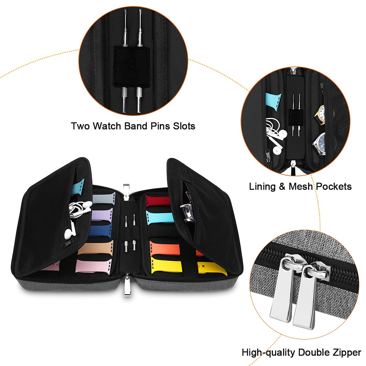 Uhrenarmband Aufbewahrungs Organizer, Smart watch Band Aufbewahrungstasche Reise Uhrenarmbände Tragetasche Mit 4 Klappen und 2 Taschen Hält 40 Riemen für Uhrenarmband, Uhren, Uhrenarmbänder Zubehör