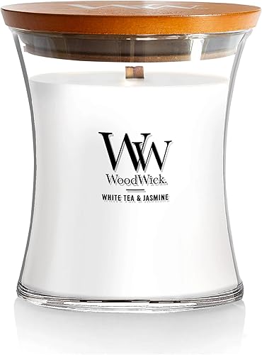 Vista 32 de WoodWick Hinoki Dahlia - Vela mediana en frasco, con forma de reloj de arena, cera de mezcla de soja prémium, mecha de madera Pluswick Innovation