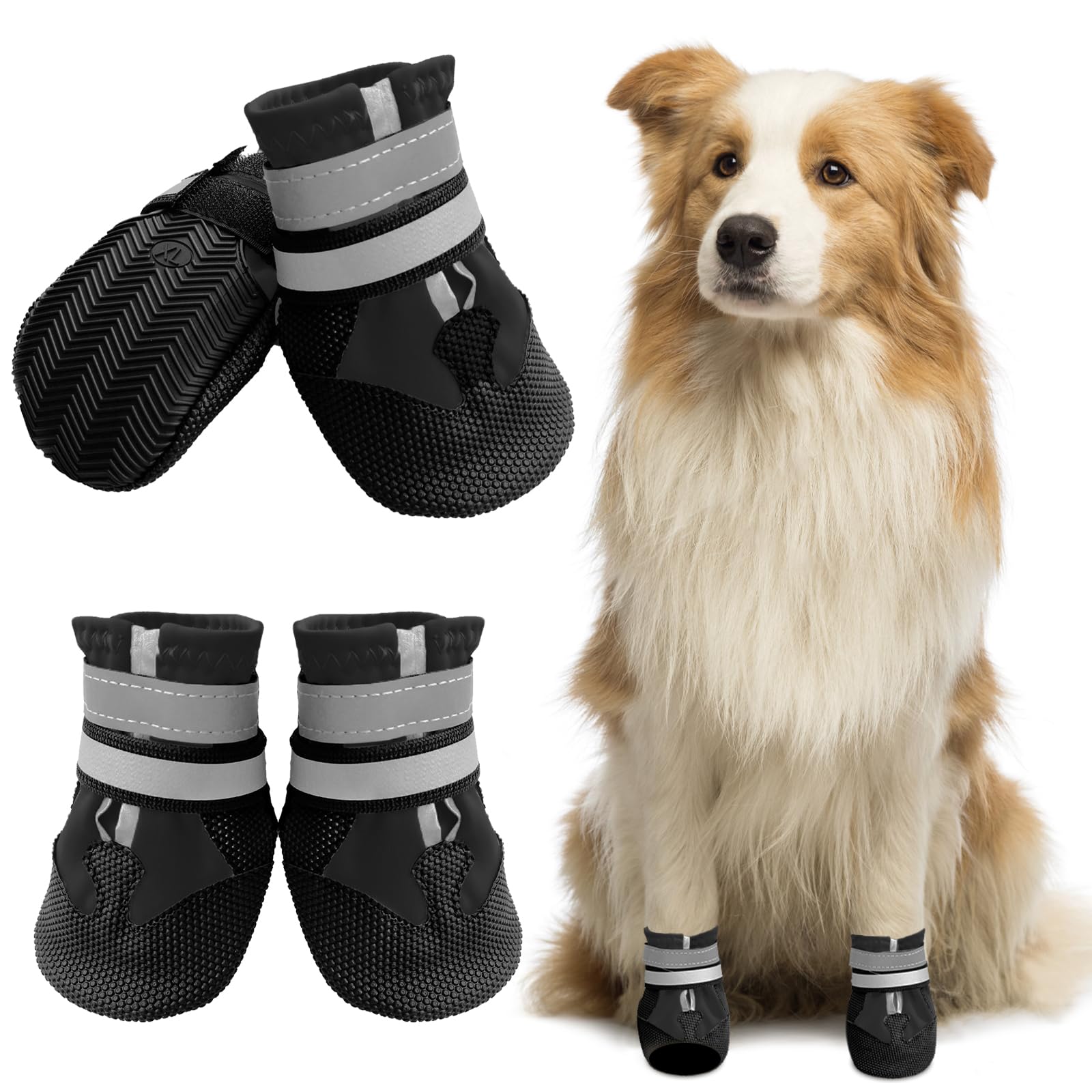 Muecleao Boots, Set of 4 Shoes for Injured Paws Waterproof With Reflective Straps and Anti-Slip Sole