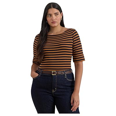 Lauren Ralph Lauren Plus Size Striped Stretch Cotton Boatneck T Shirts Women