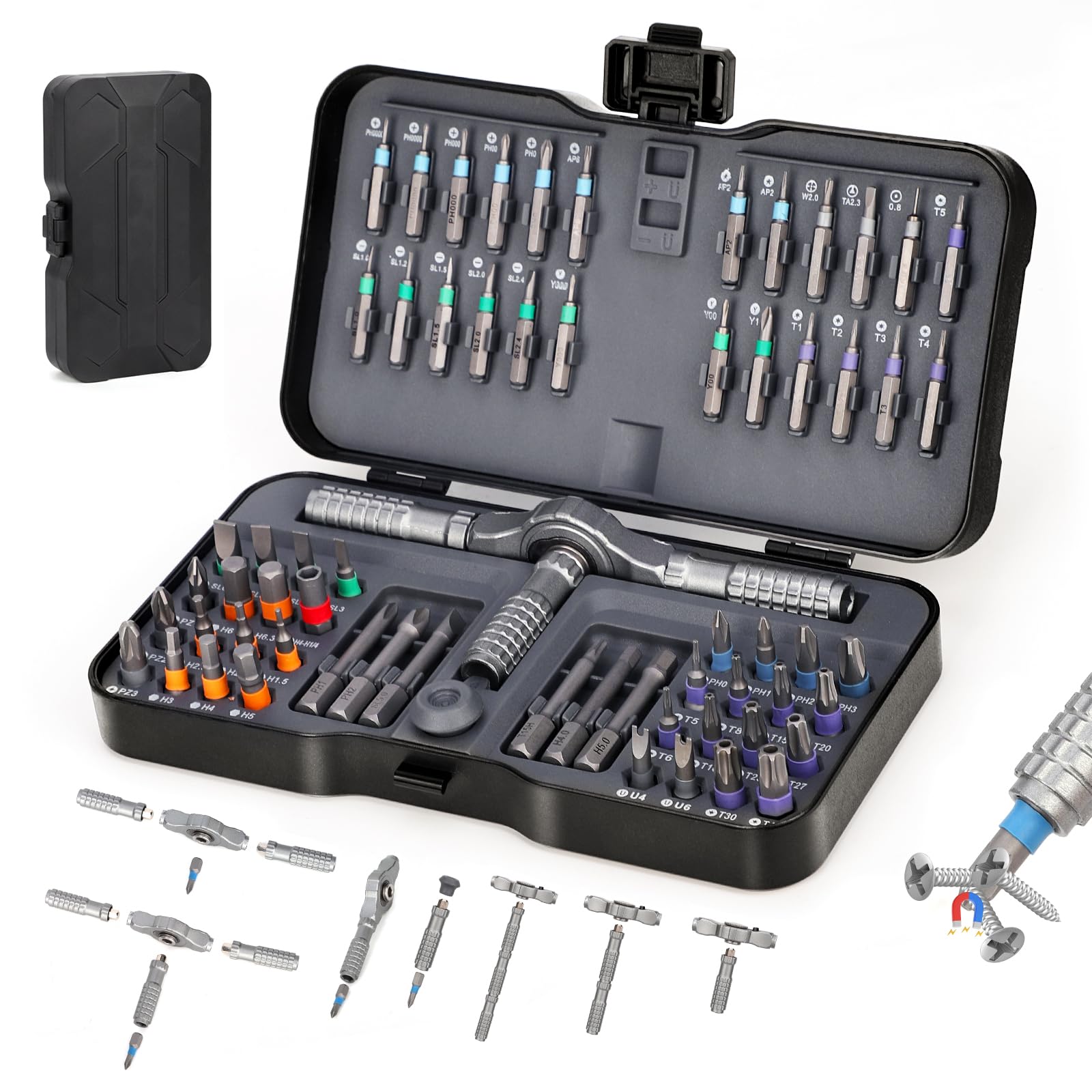 Set di cacciaviti 66 in 1, set di cacciaviti magnetici con manico 3 in 1 e magnetizzatore integrato, cacciavite a cricchetto con scatola portatile per computer, bicicletta, mobili, orologi e progetti