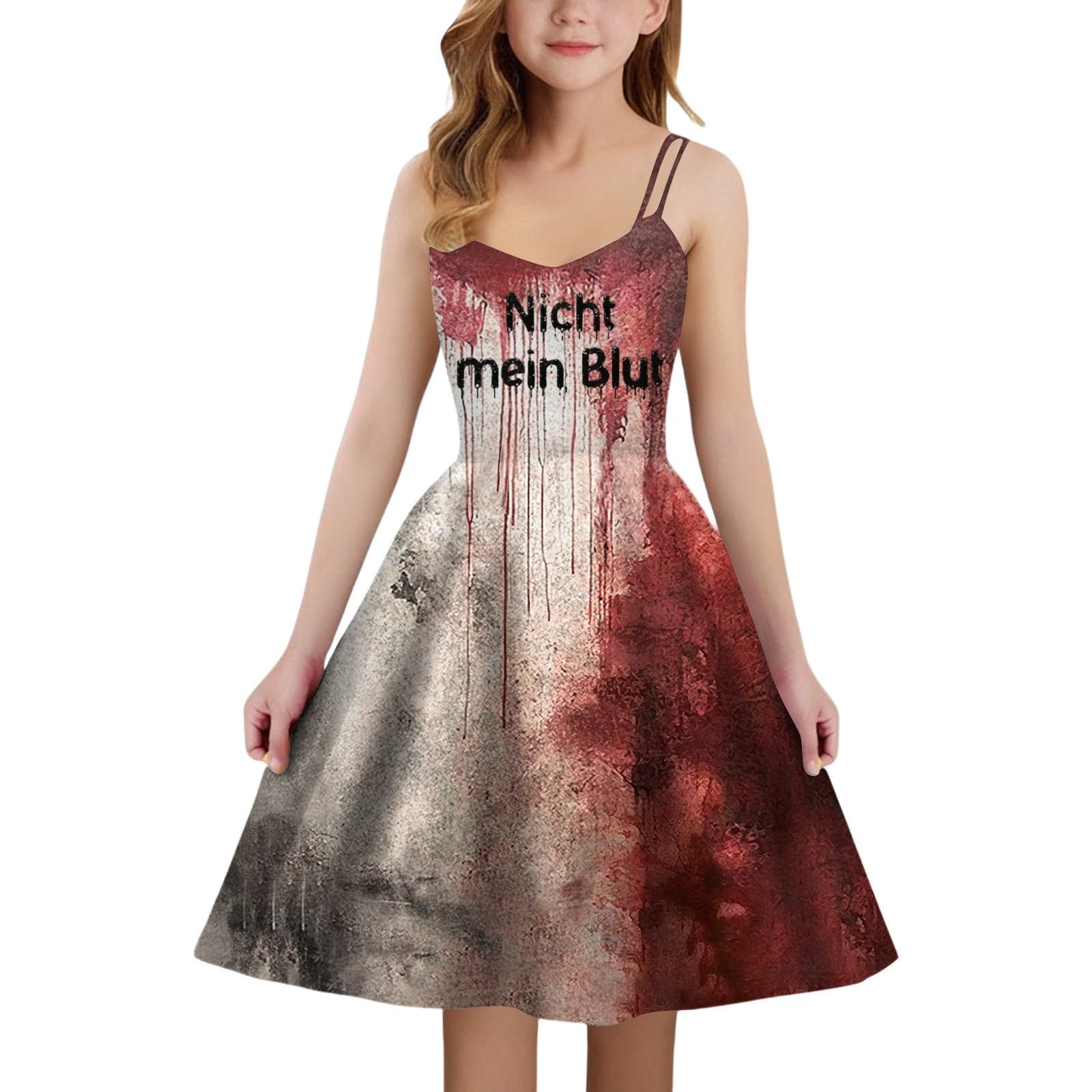 Girls Halloween Costume Sleeveless A line Dress Bloody Print Party Dresses Spooky Pattern Sleeveless A line Medieval Blood Splatter Print Party Dress Cocktail Halloween Girls Pull on Knee Length — image 1
