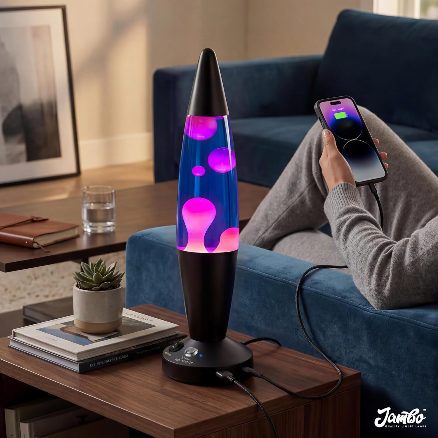 JAMBO 16-Inch Beautiful Lamp with Wax, Relaxing Night Light Home Decor, Extra Tall, Living Room Office Bedroom Lamp for Adults, Teens, Kids (USB, Auto Shut Off, Black Base, Purple Liquid, White Wax)