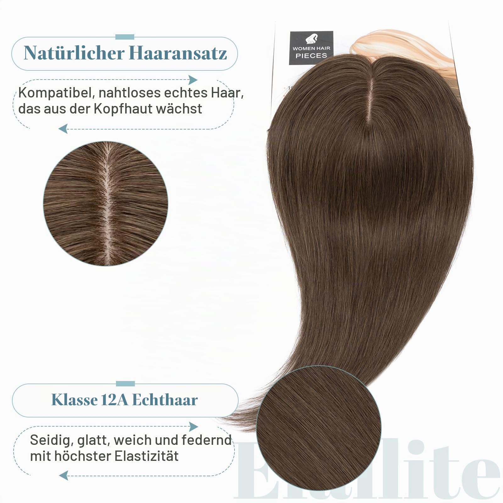 Elailite Haarteil Echthaar Topper Clip in Toupet Frauen Seide Basis Clip in Extensions Haarverlängerung 130% Dichte Remy Silk Base Glatt 45cm 57g #02 Dunkelbraun