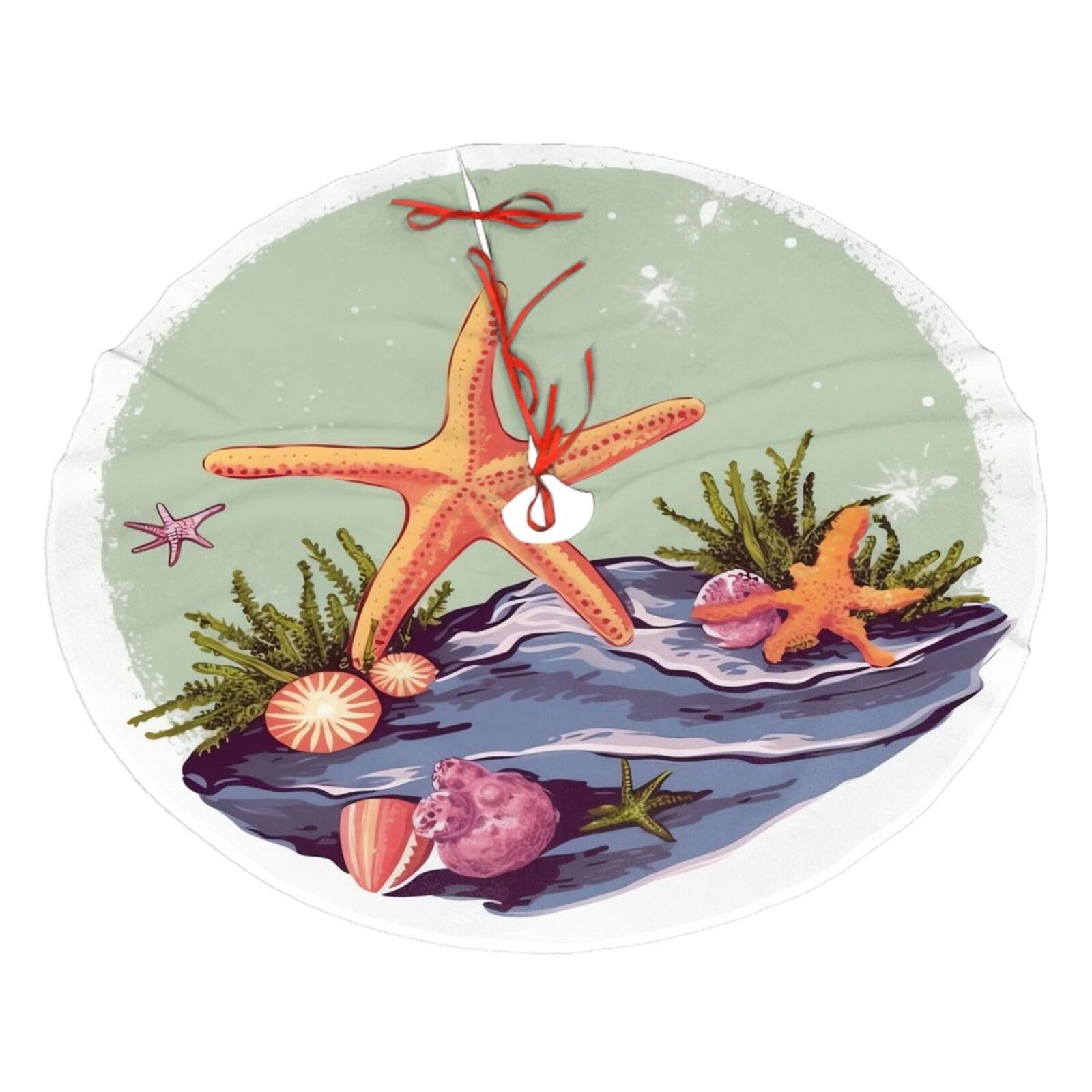 Starfish and Seaweed Illustration Christmas Tree Skirt 48",Soft Plush Xmas Tree Mat Christmas Tree Oranment for Merry Christmas Party Holiday Indoor Outdoor Decorations