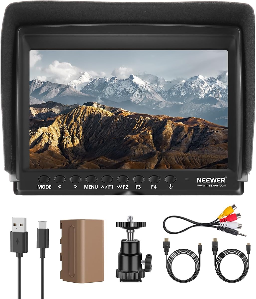 F100 7 Inch Camera Field Monitor HD Video Assist IPS 1280x800 HDMI 1080p with 4400mAh F750 Battery, Sunshade Hood & 360° Ball Head for DSLR Cameras, Handheld Stabilizer, Film Video Making Rig