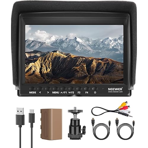 NEEWER F100 7 Inch Camera Field Monitor HD Video Assist IPS 1280x800 HDMI 1080p with 4400mAh F750 Battery, Sunshade Hood & 360° Ball Head for DSLR Cameras, Handheld Stabilizer, Film Video Making Rig