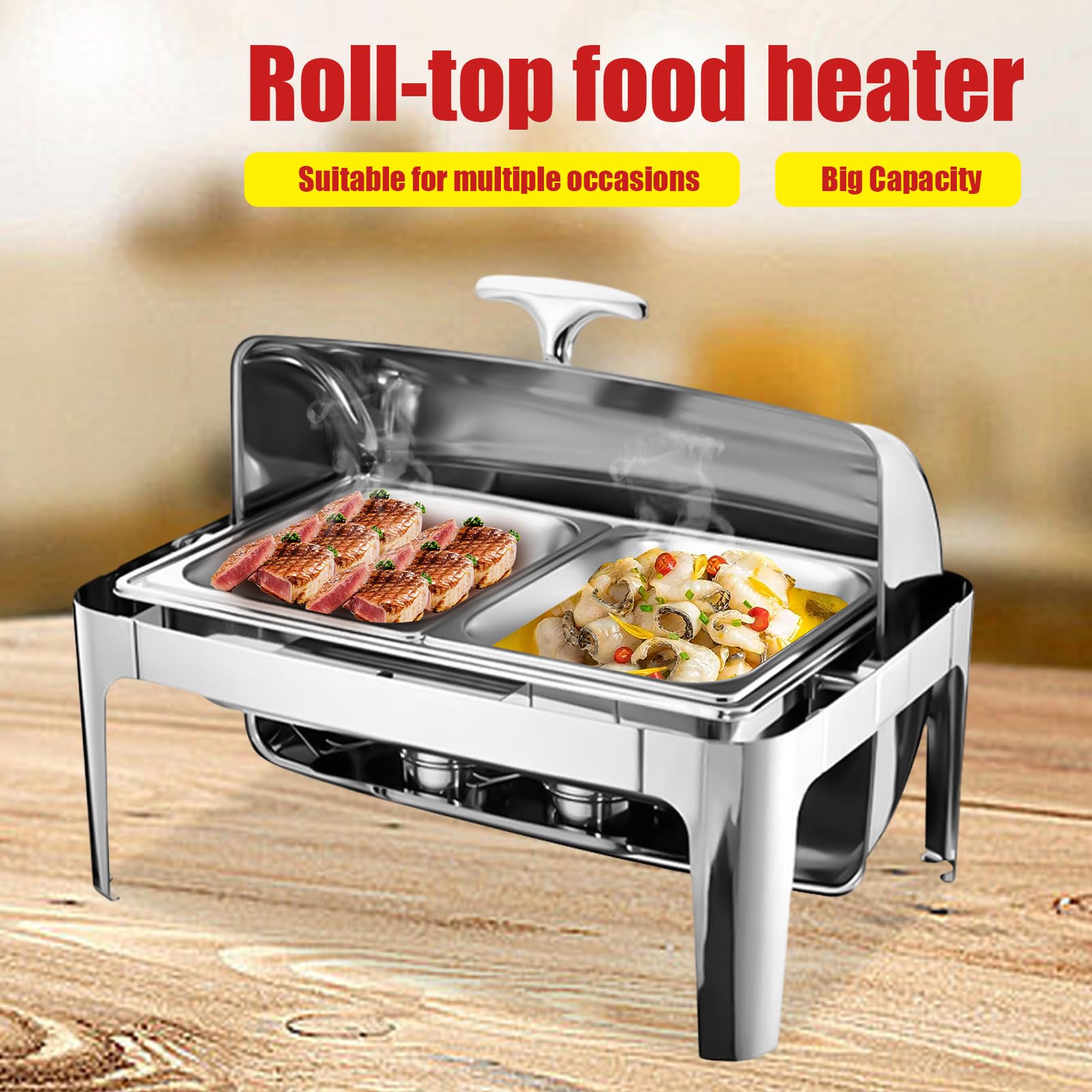 9 l in acciaio inox Chafing Dish | Grande capacità | Rolltop | Buffet & Party | Contenitore per acqua e pasta combustibile