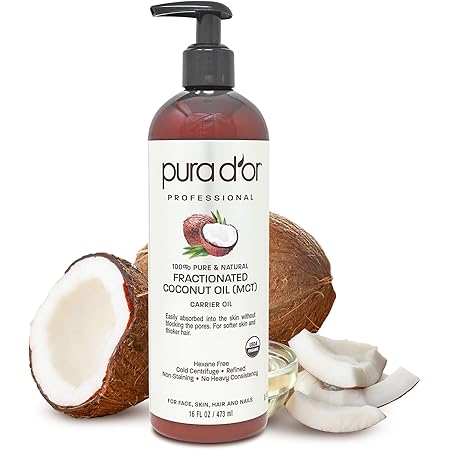 PURA D'OR Organic Fractionated Coconut Oil (16oz) USDA Certified 100% Pure & Natural Carrier Oil - Moisturizing For Face, Skin & Hair, Men & Women (Packaging may vary)