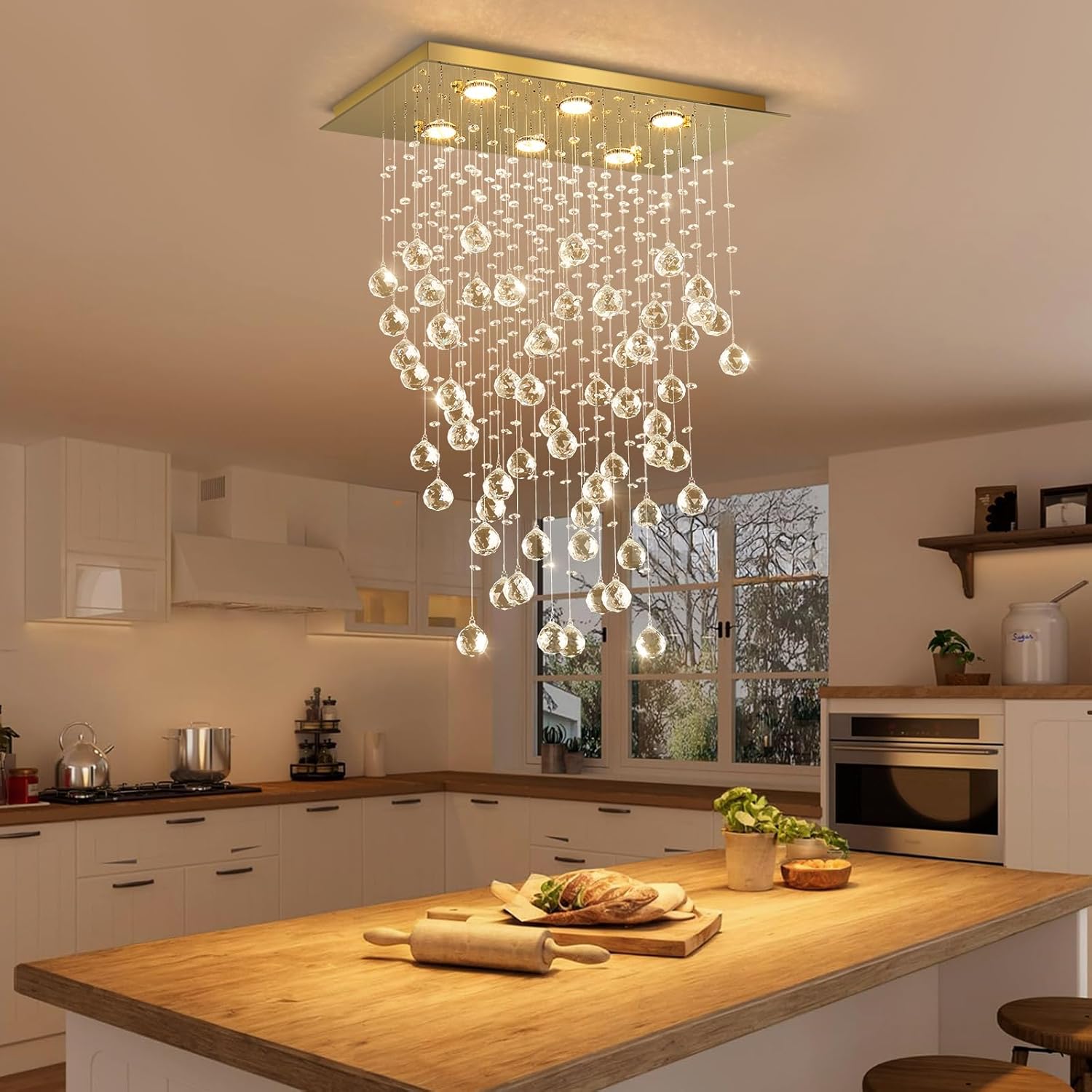 Glam Crystal Chandelier Rain Drop Pendants Ceiling Light LED Lighting Rectangular Dining Room Light Fixture for Kitchen Island Dimmable LED Light Gold