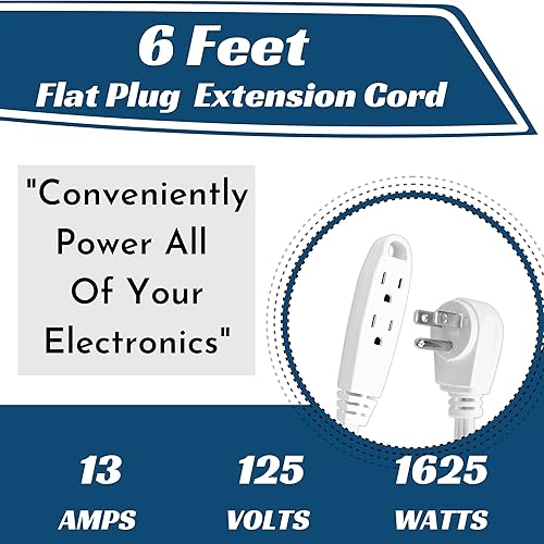 Miniatura 4 de SureSave - Cable de extensión de enchufe plano de 6 pies, cable de extensión de 3 tomas de corriente múltiple de 16 AWG de 24 pulgadas, cable de