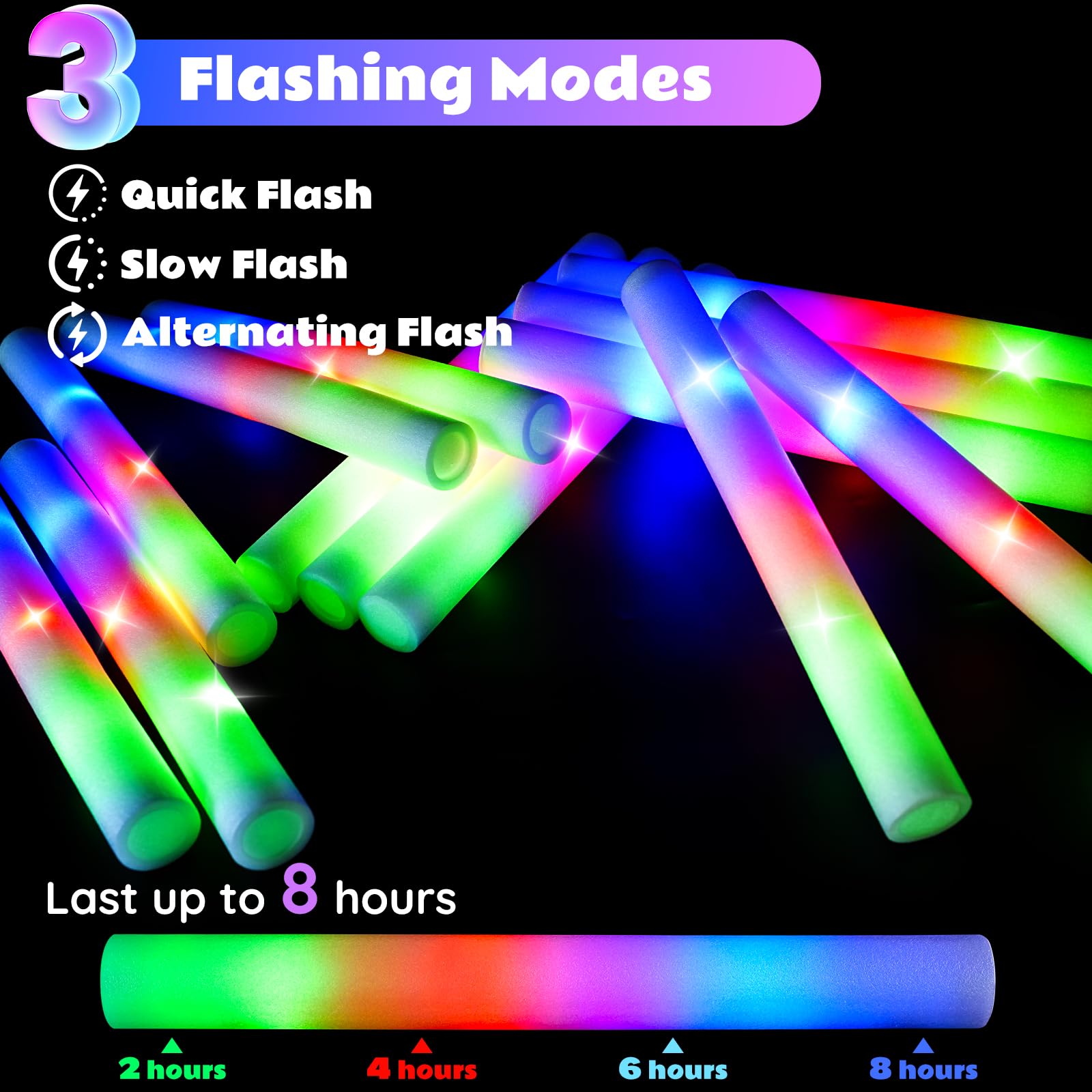 SHQDD 125 bastoncini luminosi in schiuma, si illuminano al buio per feste, con 3 modalità lampeggianti colorate, confezione per feste per matrimoni, compleanni, concerti, Capodanno, Halloween, Natale
