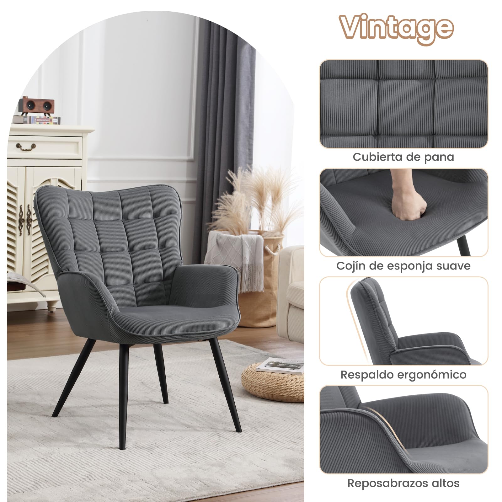 WOLTU Butaca de Salón, Sillón Relax Moderno, con Orejas, Gris Oscuro | Silla Individual para Dormitorio y Tocador, Tela de pana, Patas Metálicas, Silla Cómoda para Lectura u Ocio, 63,5x68x87 cm