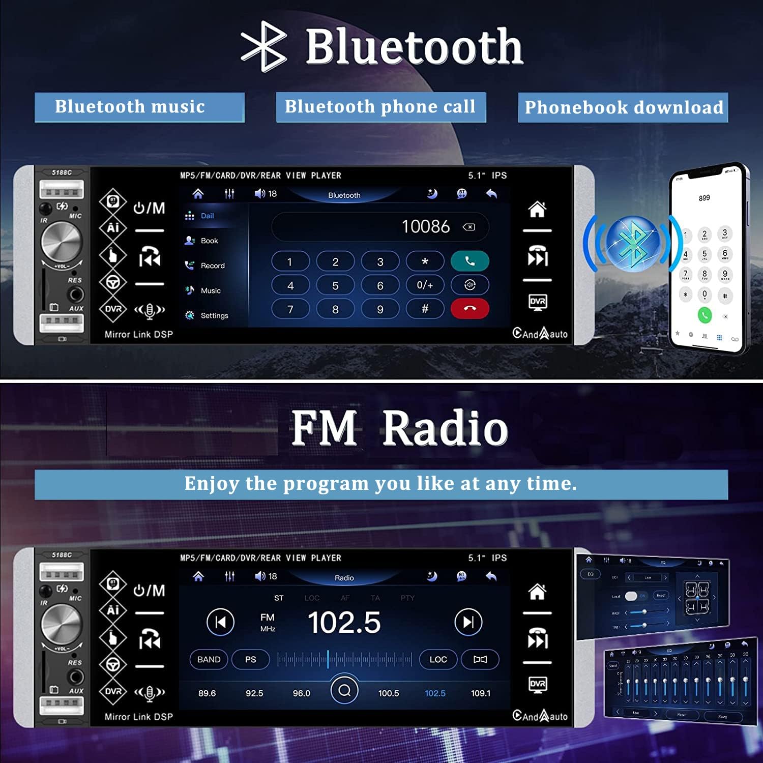 CAMECHO Car Radio Bluetooth and FM Radio interfaces
