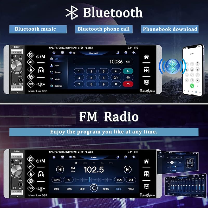 CAMECHO Autórádió 1 DIN CarPlay Android 5,1" Érintőképernyő Bluetooth Kihangosító FM USB TF AUX Tolatókamerával