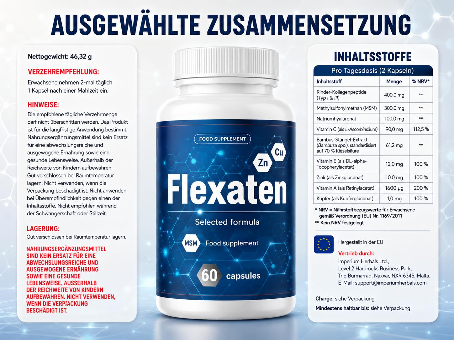 Flexaten 60 Kapseln – Nahrungsergänzungsmittel für Erwachsene mit Kollagenpeptiden, MSM, Hyaluronat, Bambus-Extrakt, Vitamin C, Zink, Kupfer, Vitamin A & E (1)