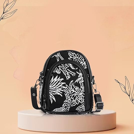 Stylish Black Printed Sling Bag for College Girls with 3 Compartments Mobile Sling Bag for Women Latest