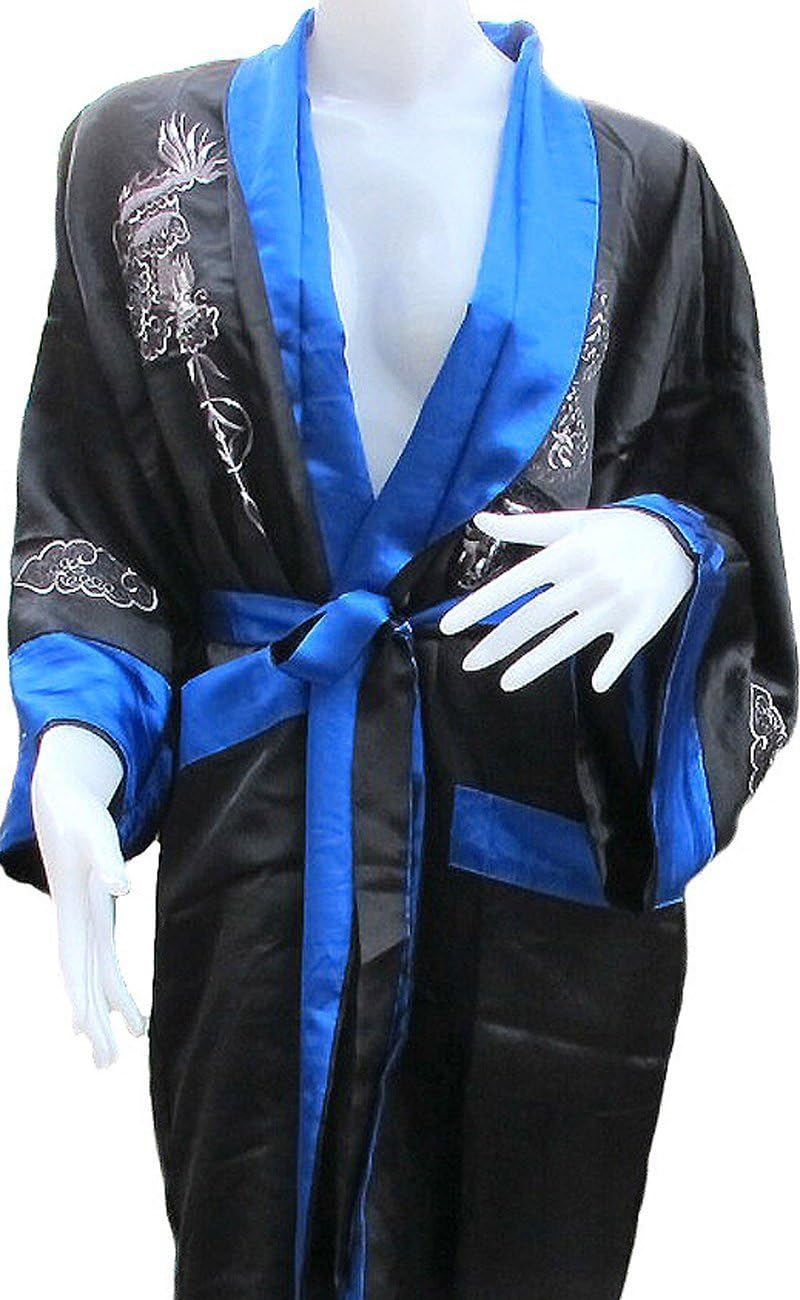 "Clickthai" Large Dragon Chinese Bath Robe-ocean Blue Color (Black Reverse)