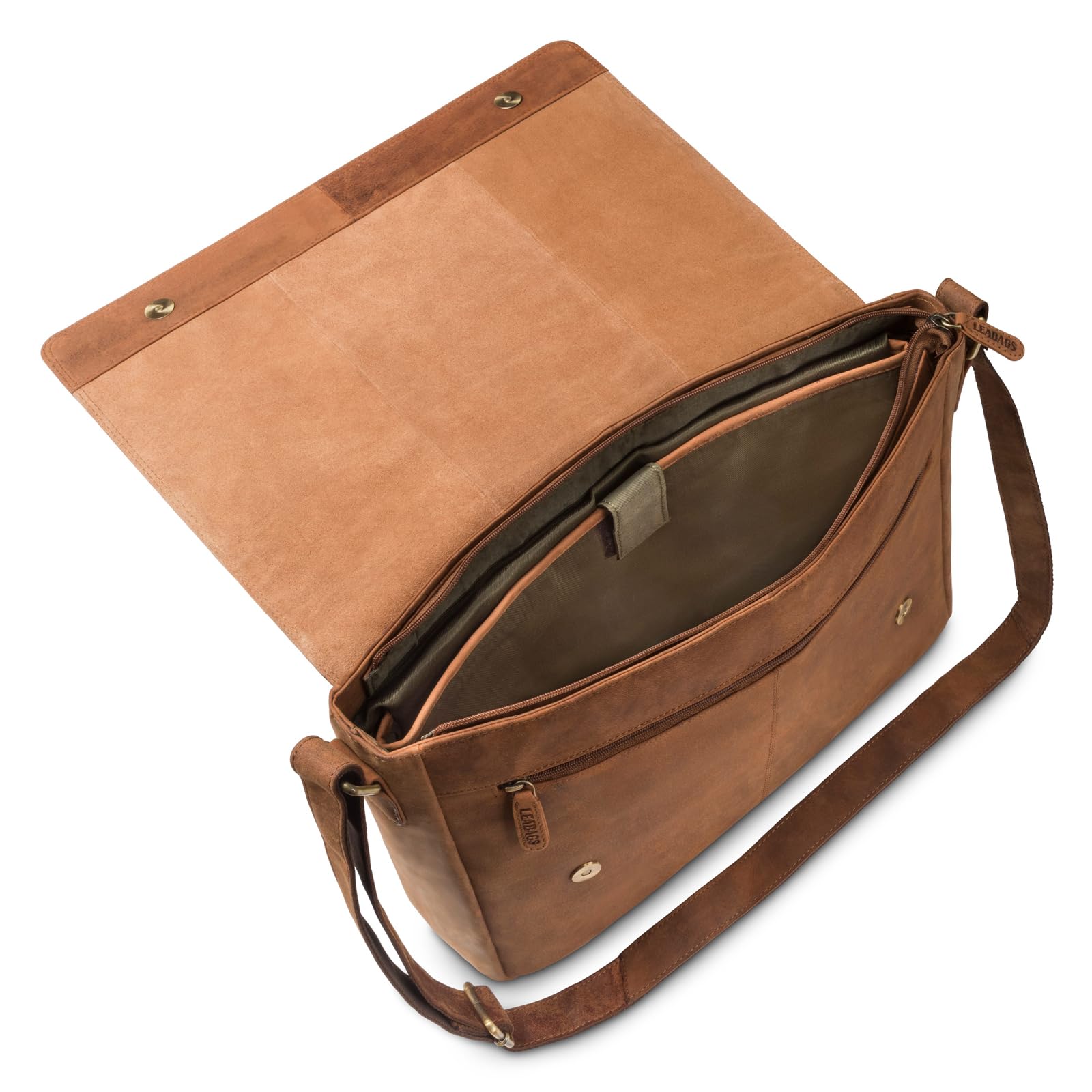 LEABAGS Bolso para Hombres y Mujeres | Bolsa de Portátil 15" | Cuero Genuino | Bolso Bandolera con Correa para el Hombro | Bolsa Mensajera | Bolsa de Trabajo | Bolsa de Maestro