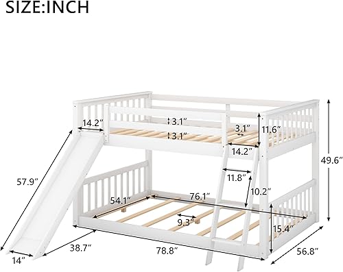 Miniatura 6 de SOFTSEA Litera baja de tamaño individual sobre cama individual con barandillas de longitud completa para niños
