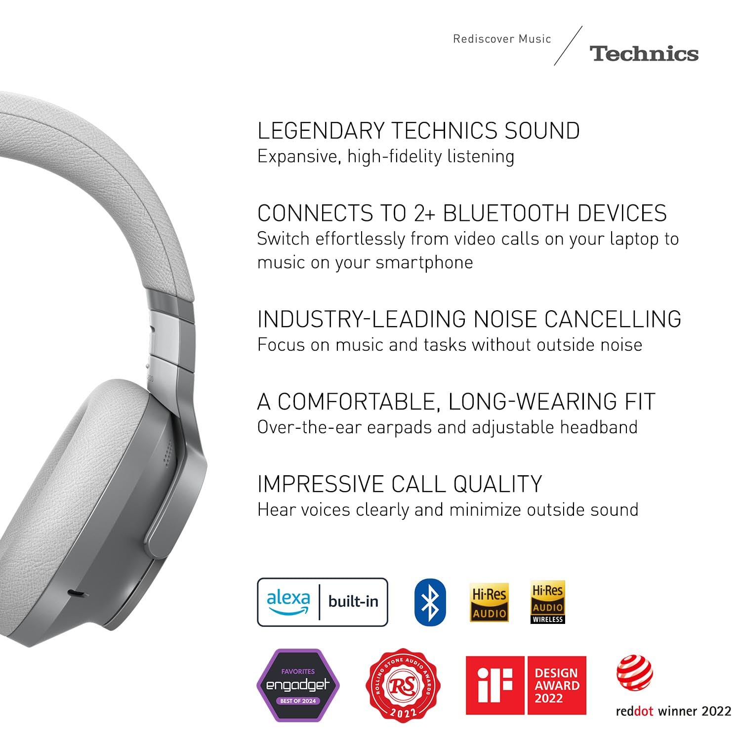 Technics Wireless Noise Cancelling Headphones, 50 Hours Battery Life, High-Fidelity Bluetooth Headphones with Multi-Point Connectivity, Impressive Call Quality, and Comfort Fit - EAH-A800-S Silver