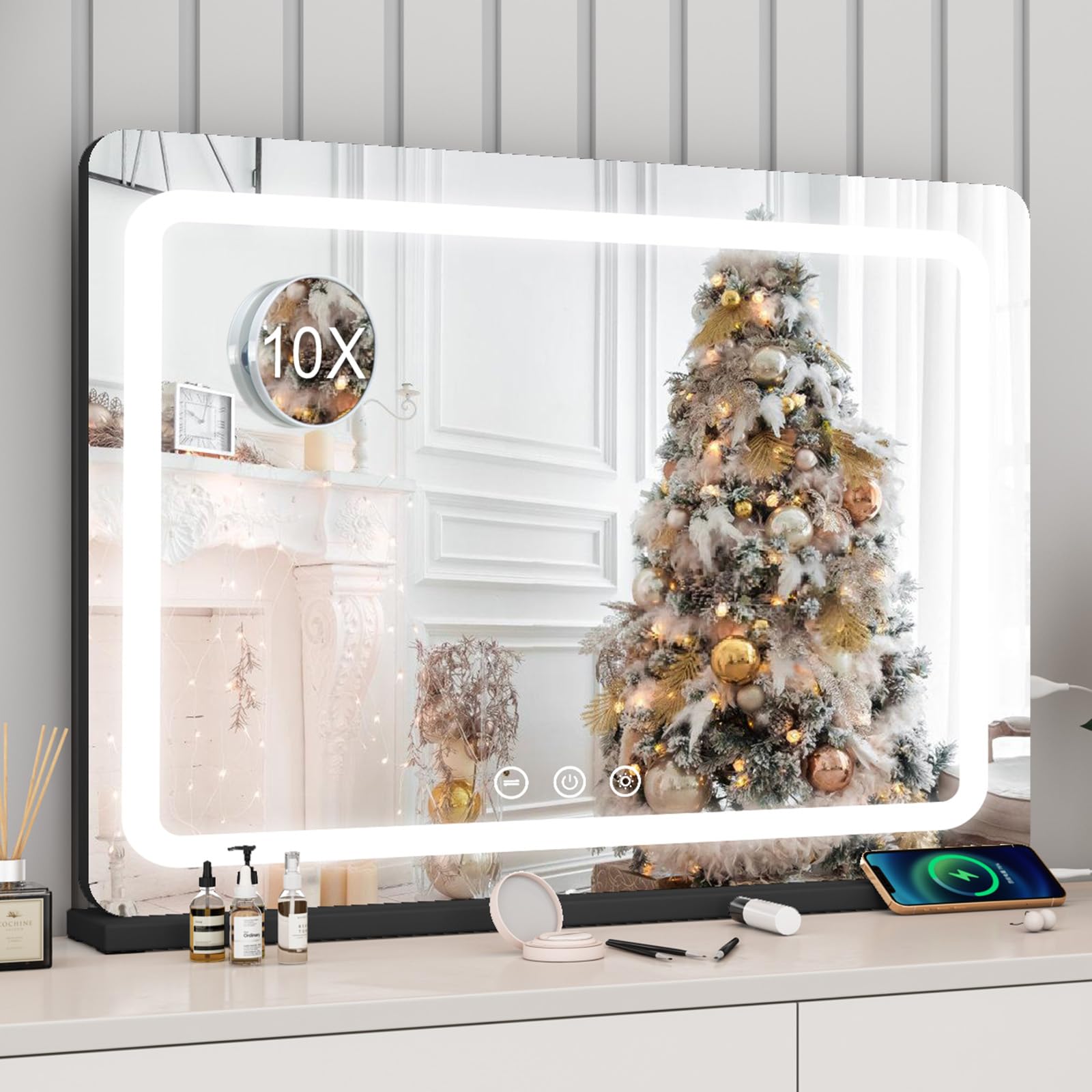 Espejo Maquillaje con Luz, Espejo tocador con LED, 3 Modos, Espejo Maquillaje con Puerto de Carga USB y Lupa 10x, Mesa y Pared, Negro- 80 * 55cm