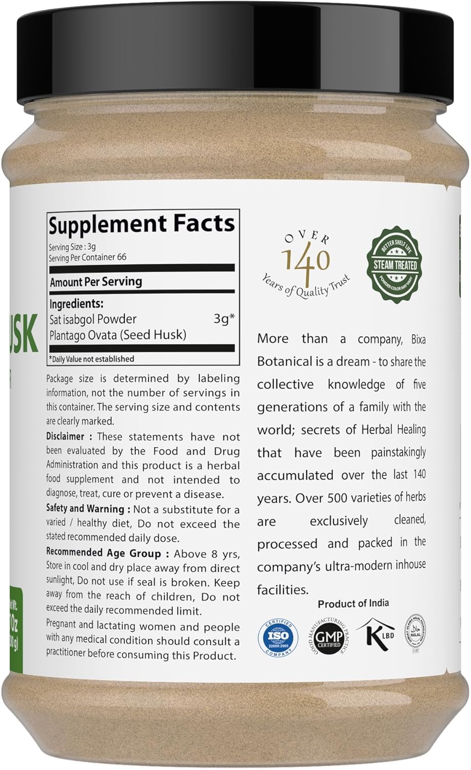 bixa BOTANICAL PSYLLIUM Husk Powder (PLANTAGO OVATA) | 7 Oz, 200g, Pack of 1 | Daily Laxative Fibre | Natural Dietary Supplement, maintains Gut Motility & eliminates Toxic Waste
