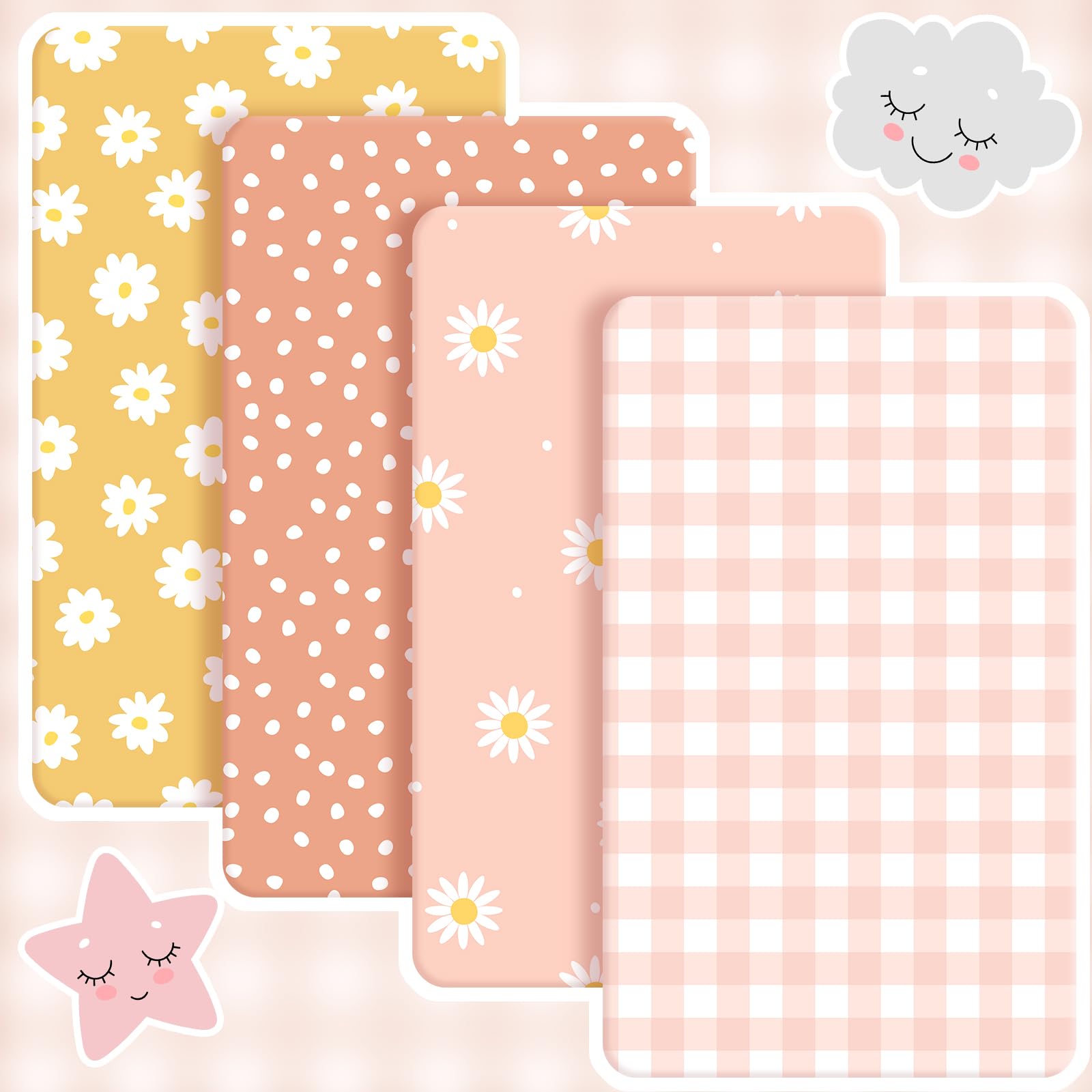 Peryiter Confezione da 4 lenzuola per culla rosa a quadri per bambini, motivo orso blu, lenzuola per culla standard con stampa margherita, per neonati o ragazze (margherita)