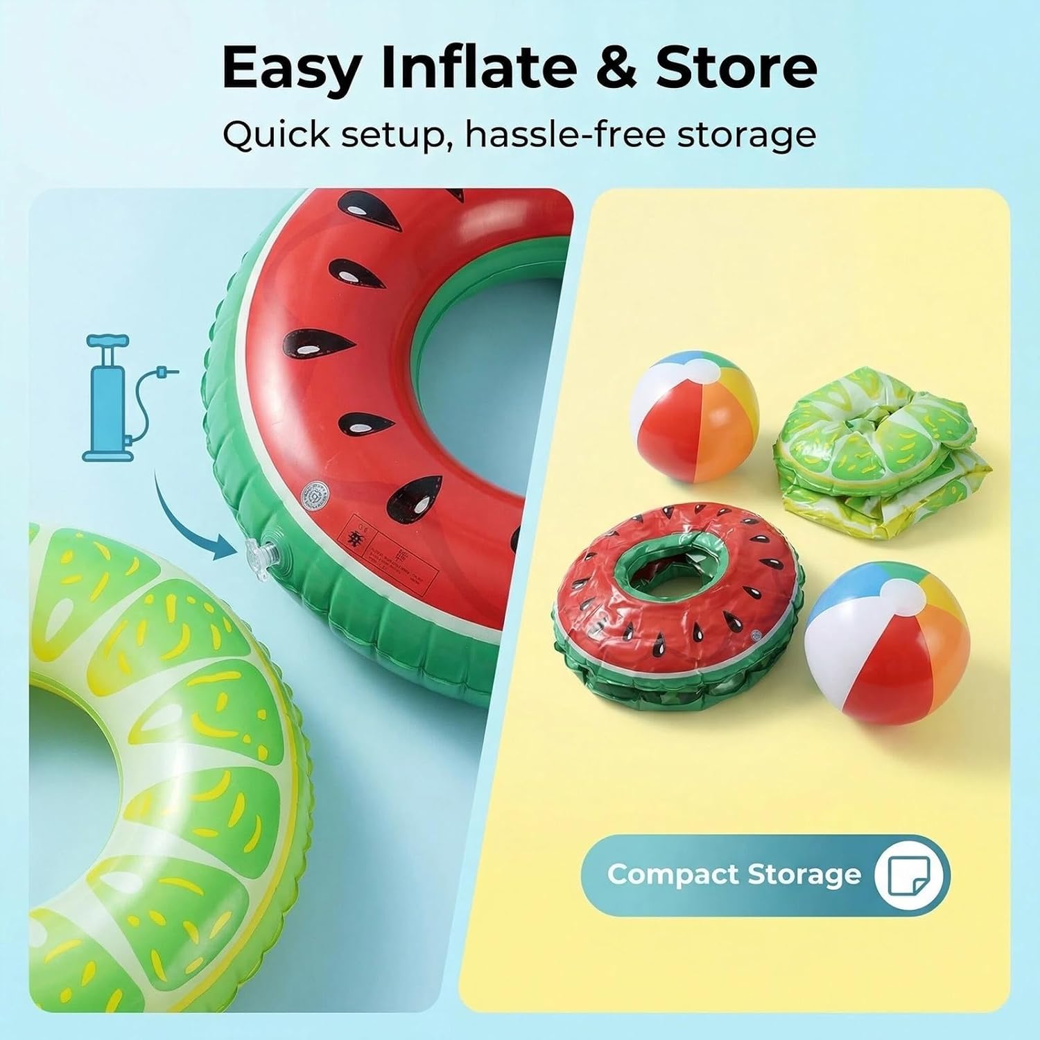 3 Pcs Pool Inflatables for Adults, Swimming Rubber Ring, Watermelon Lemon Fruit Inflatable Swimming Rings, With 2 12 Inch Beach Balls, Ideal for Pool Beach Lake Party Decorations